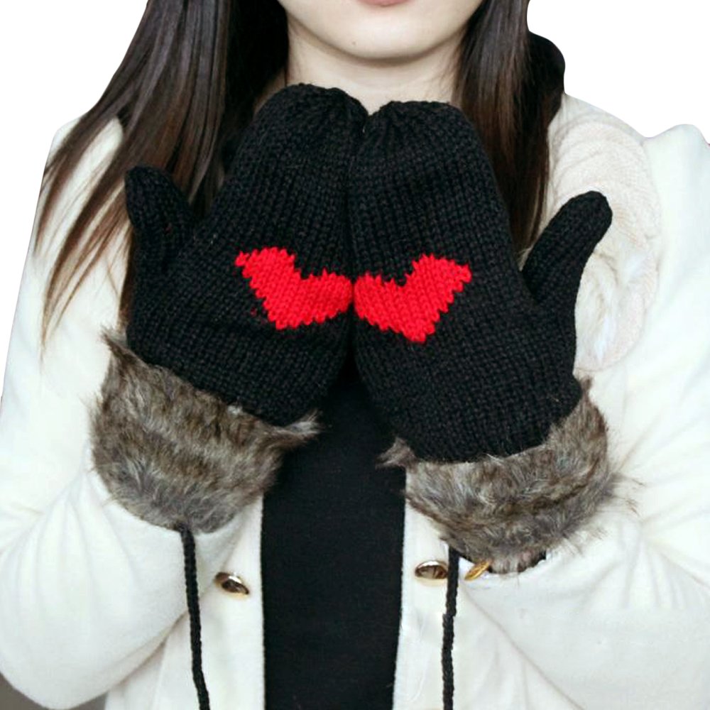 LOCOMO Hand Warmer Love Heart Knit Mitten Gloves - Winter Warm Fuzzy Fur Trimmed Cute Couple Gift for Valentine's Day Dating Snow Outing