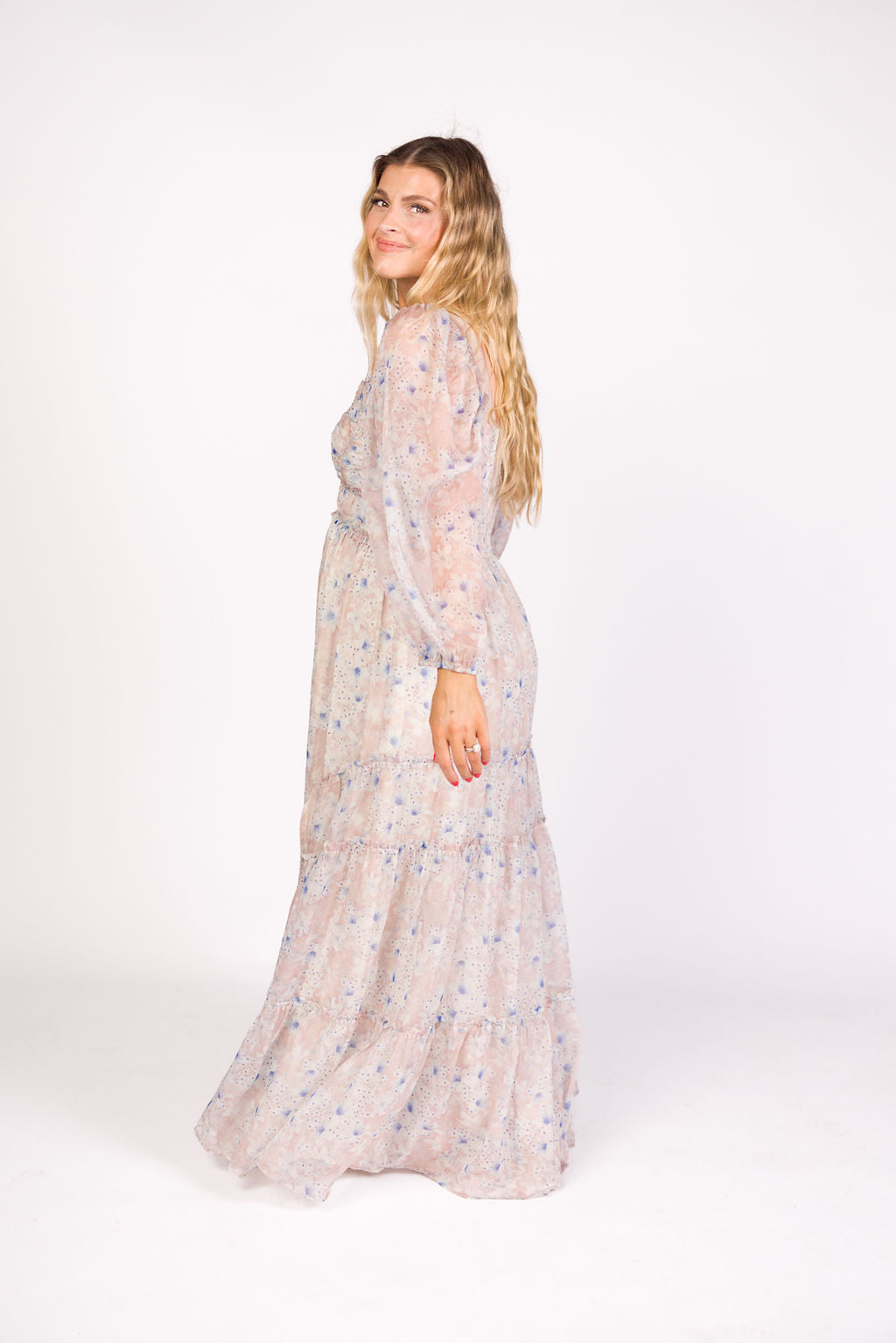 Bump Friendly Daphne Long Sleeve Maxi Dress - Floral Maternity Dress in Beige & Blue, Inclusive Sizing XS to 3XL | Perfect for Pregnancy, Nursing, and Special Occasions