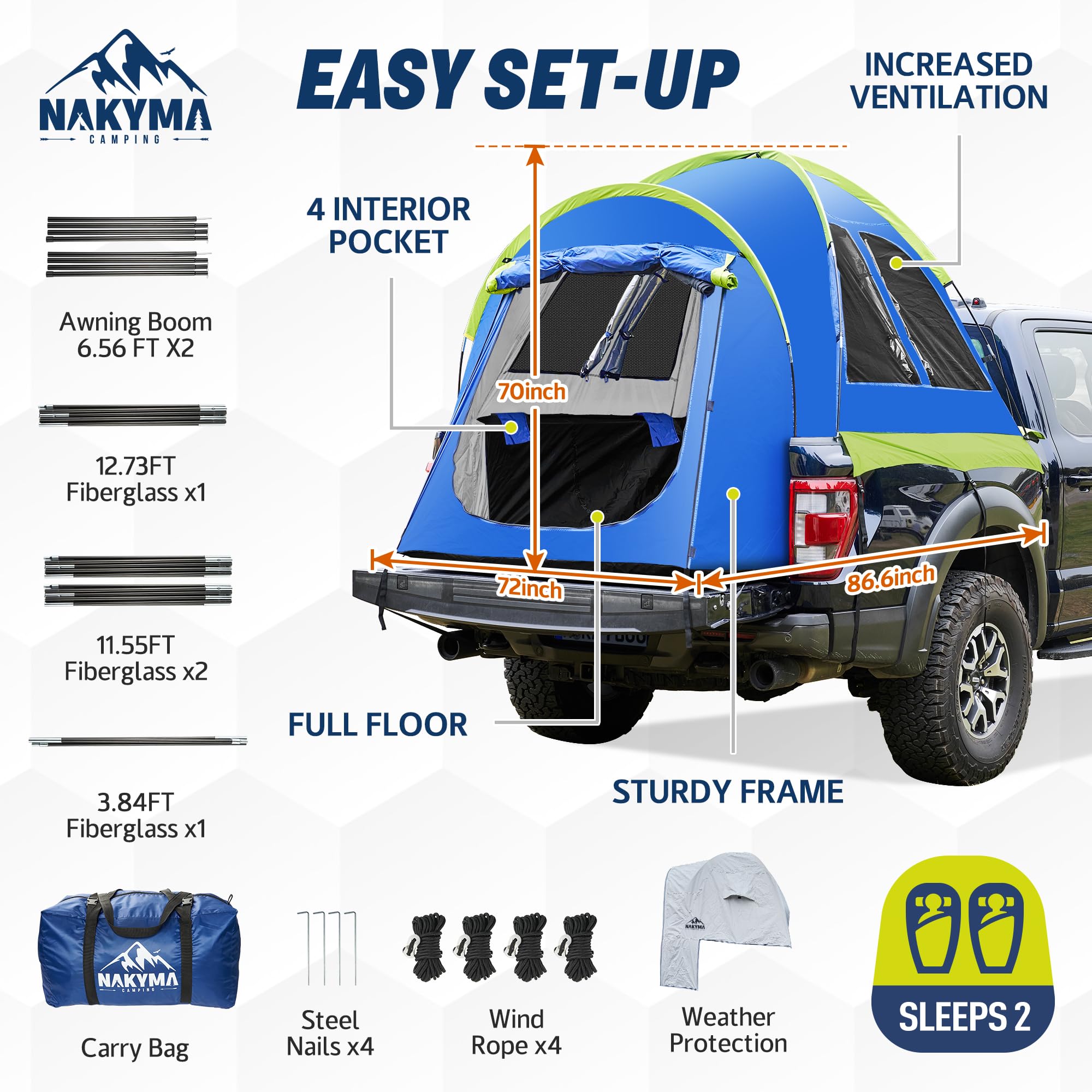 Nakyma Waterproof Truck Bed Tent - Double Layer PU3000mm & UPF50+ for 2 Person - Portable Pickup Truck Tent for Camping, Hiking & Outdoor Adventures