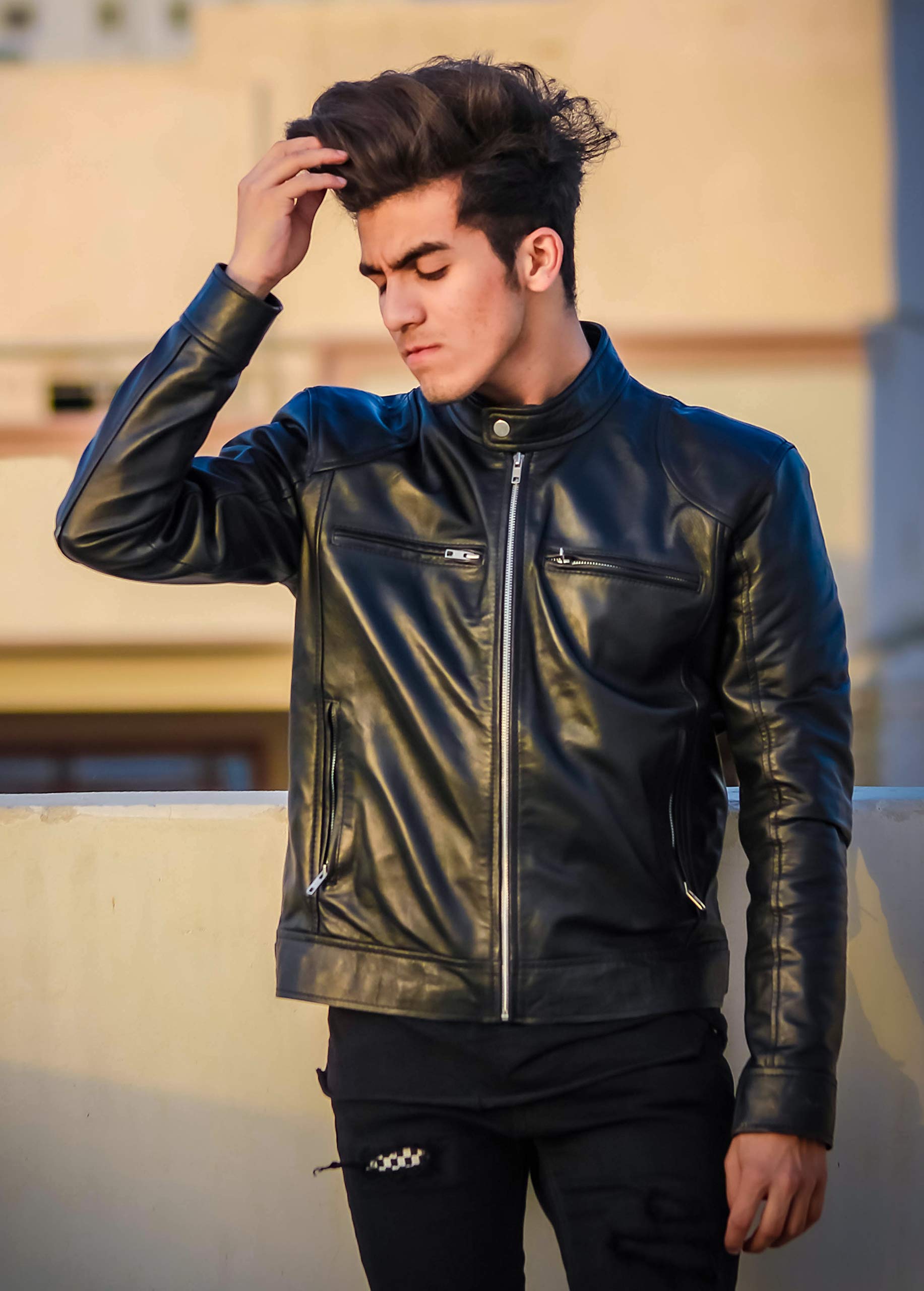 Premium HANDSY Men's Leather Jacket - Genuine Leather Motorcycle & Biker Jacket for Men - Stylish & Durable Outerwear for Riding, Casual Wear & Outdoor Adventures
