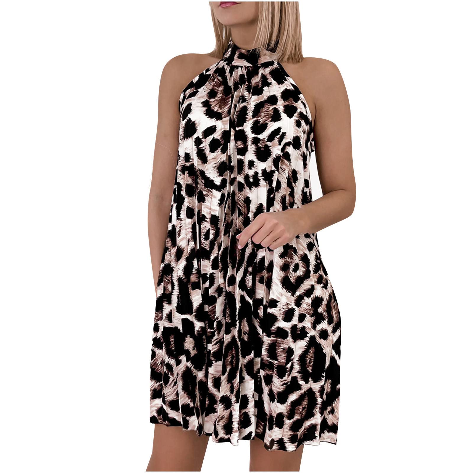 CSHQ Floral Print Women's Summer Halter Neck Sleeveless Pleated Mini Dress with Buckle Detail - Perfect for Beach Vacations, Date Nights & Summer Parties