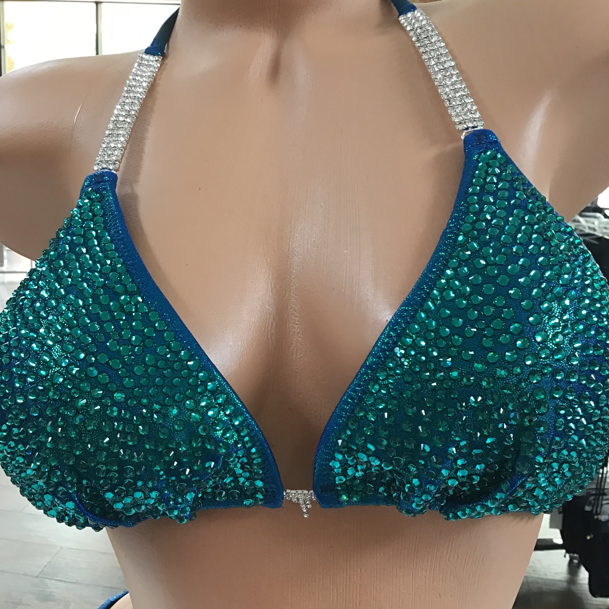 Stunning Rhinestone Bikini Competition Swimsuit - Mermaid Colors with Green & Blue Accents CS458 | Perfect for Pageants, Swim Competitions & Beach Photos