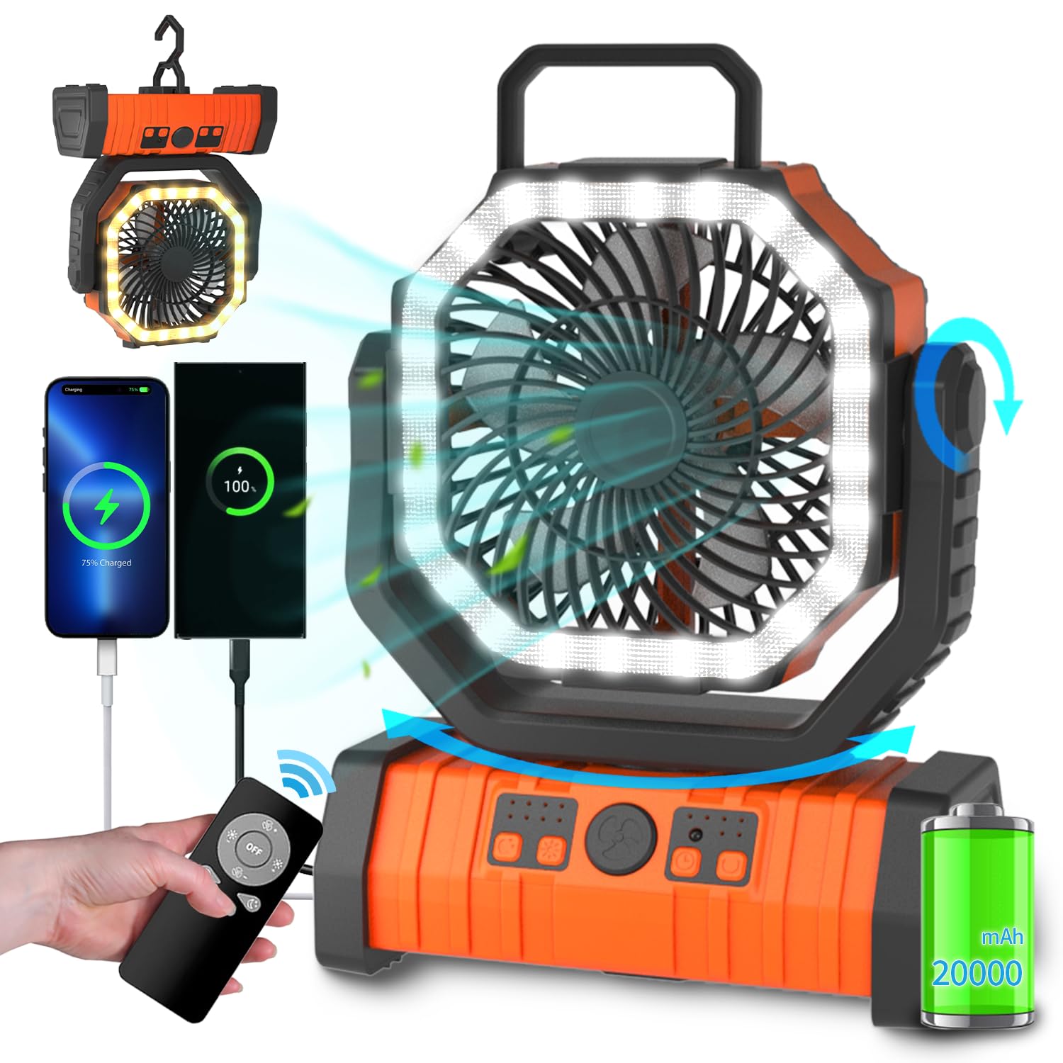 ADUST 20000mAh Rechargeable Battery Powered Camping Fan with LED Lantern - Portable Oscillating Fan with 360° Rotation & Hanging Hook - USB Desk Fan for Tent, Bedroom, Office, Outdoor Adventures (Orange)