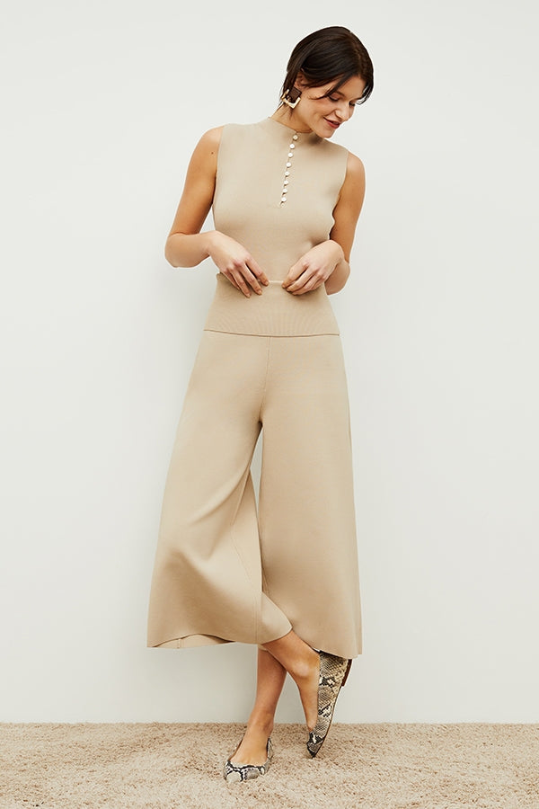 Rogala Stretch Culotte Jumpsuit & Knit Cardigan Set in Latte - Comfortable Lounge Wear for Women, Perfect for Home, Office and Casual Outings