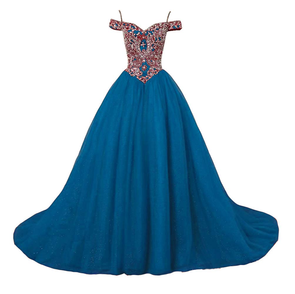 Emanni Women's Puffy Crystal Quinceanera Dress - Ball Gown Sweet 16 Prom Dress Off Shoulder Formal Gown in Sea Blue | Perfect for Quinceañeras, Sweet 16 Parties, Prom Nights & Special Occasions