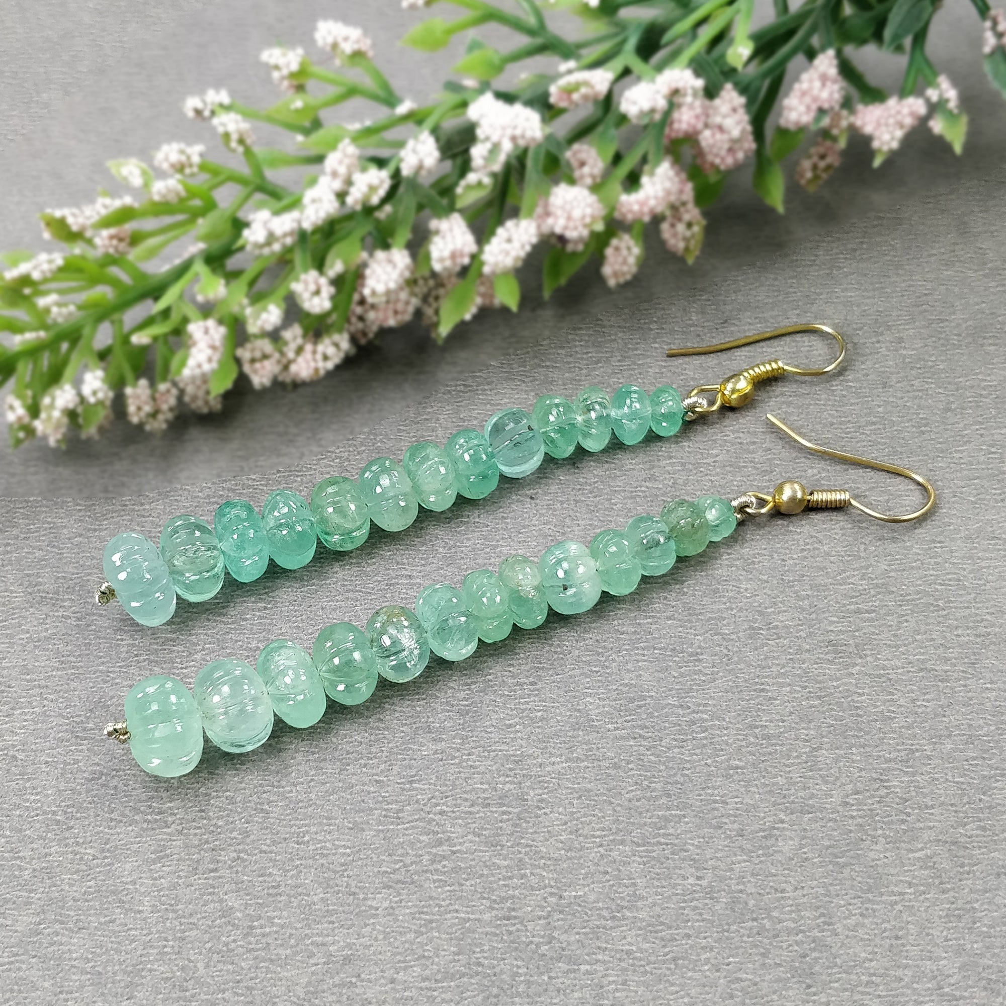 Natural Untreated Emerald Gemstone 925 Sterling Silver Beaded Hook Earrings | 43.50gms | Melon Beads Design | Elegant Jewelry for Women, Gift for Her, Wedding, Party & Special Occasions
