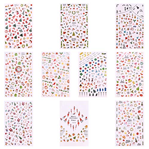 EXCEART 10Pcs Christmas Nail Stickers - Self-Adhesive Snowman Santa Xmas Tree Nail Art Decals for DIY Holiday Nail Designs (Assorted Colors) - Perfect for Christmas Parties, Gift Giving & Festive Nail Decorations