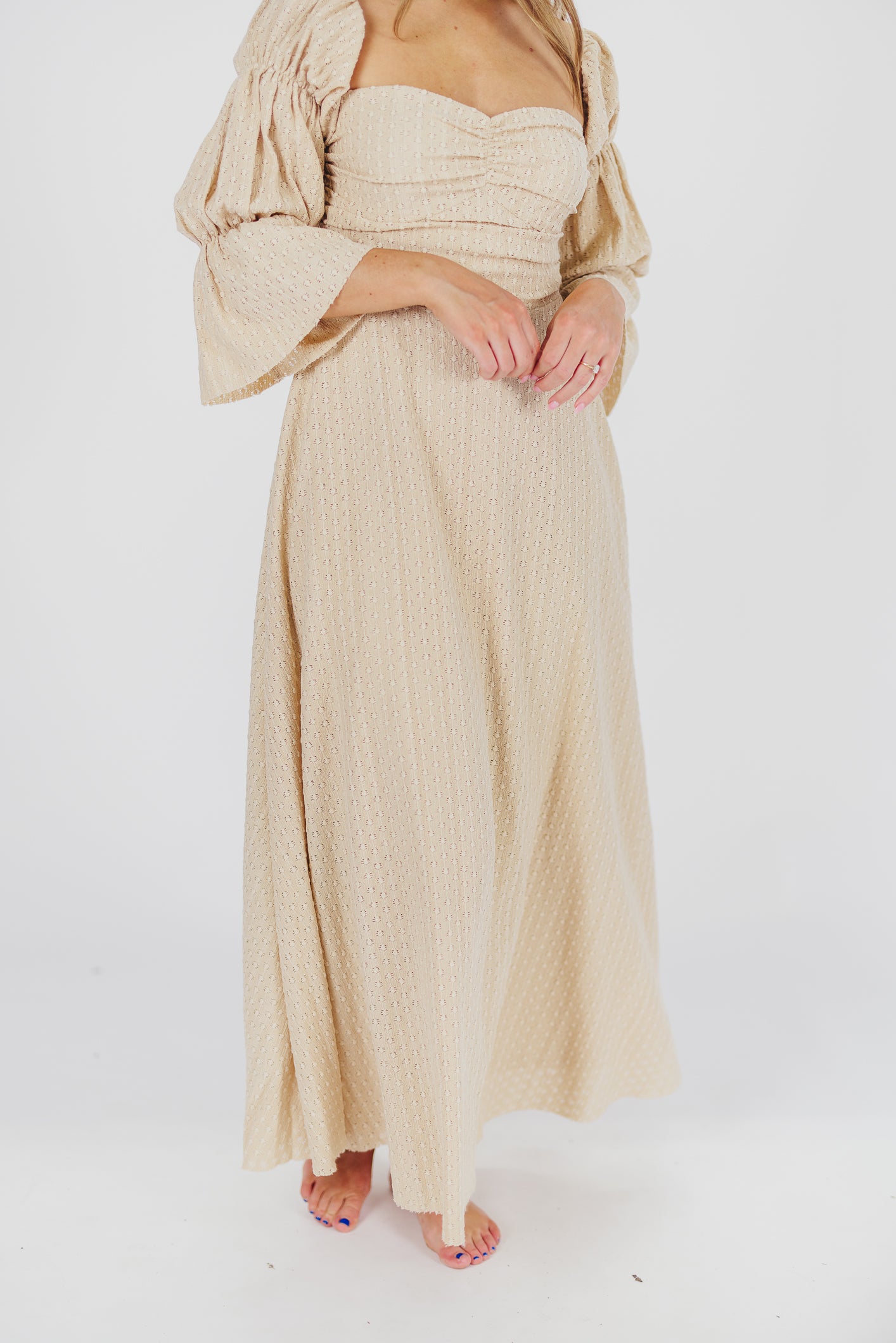 Corrine Tiered Sleeve Maxi Dress with Pockets - Bump Friendly Maternity Dress in Beige | Perfect for Pregnancy, Nursing, and Special Occasions