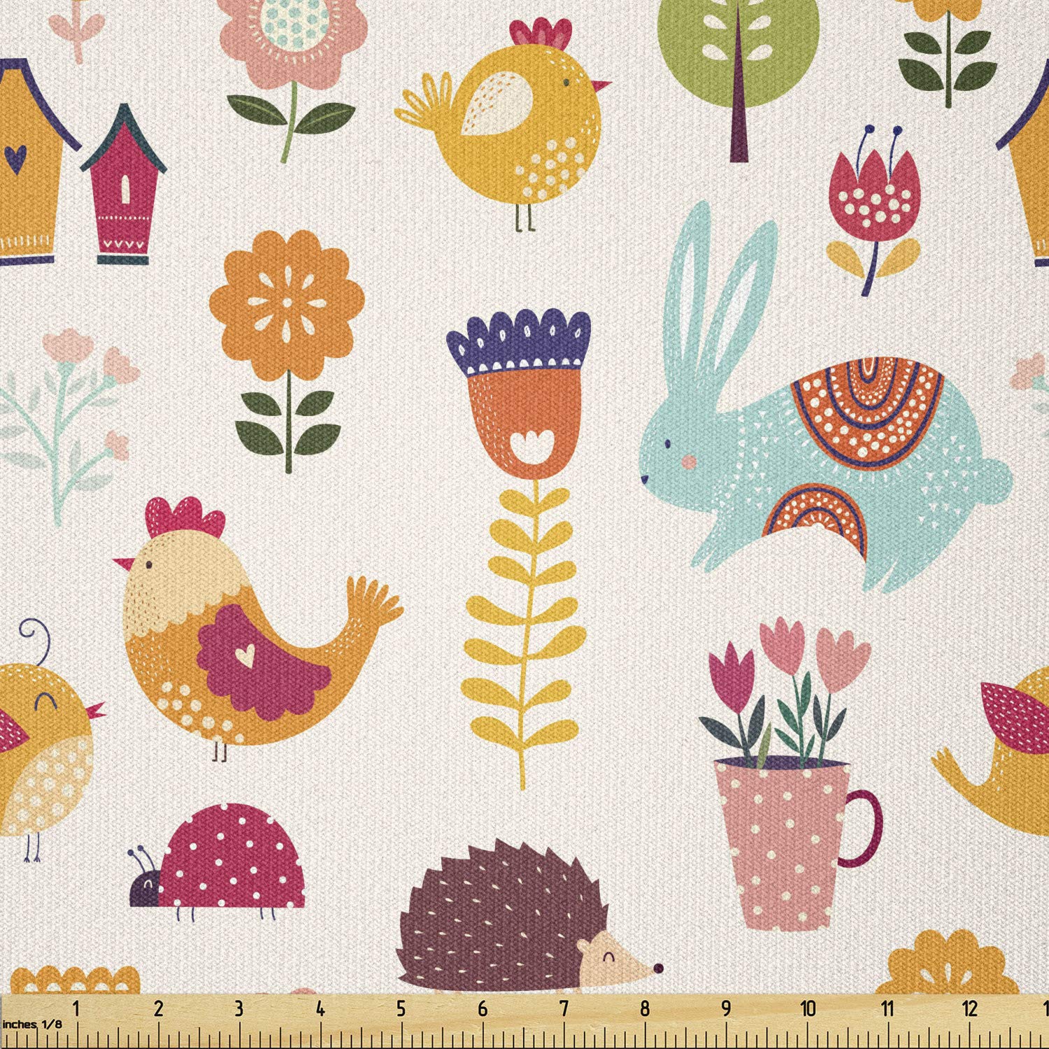 Ambesonne Stretch Knit Fabric by The Yard - Countryside Farming Print with Bunny, Chicken & Flower Pots - 10 Yards Multicolor Fabric for Clothing Sewing, DIY Crafts & Home Decor | Perfect for Dresses, Quilts & Upholstery Projects