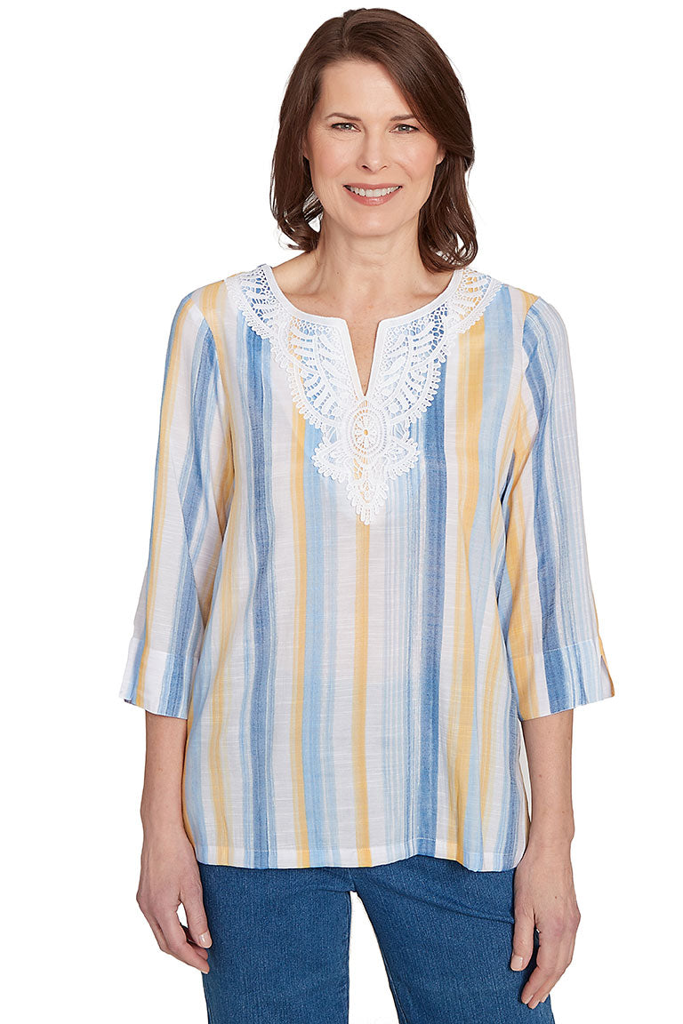 Floral Striped Lace Neck Blouse for Women - Elegant Boho Chic Top for Spring & Summer Outfits, Date Nights and Office Wear
