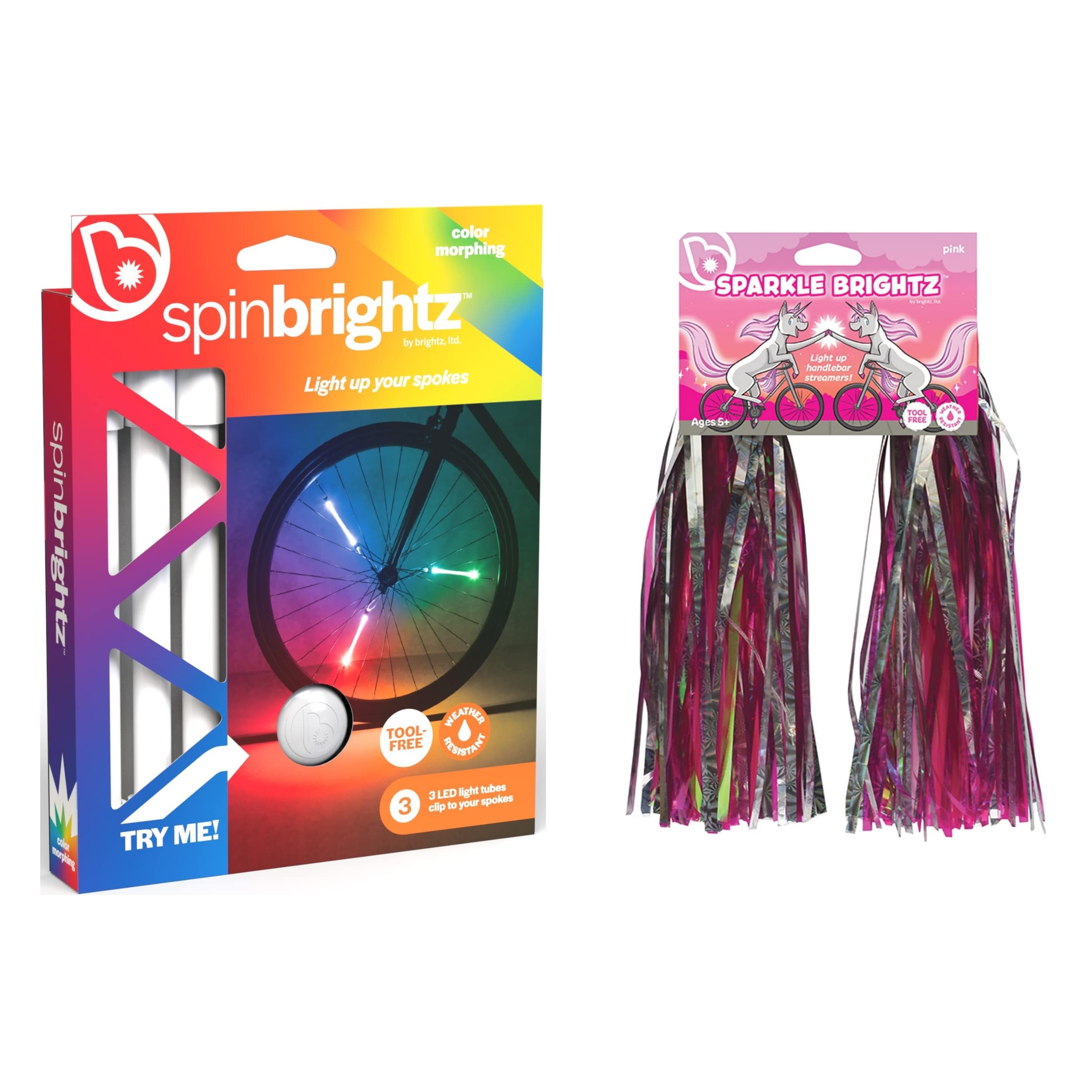 Brightz LED Bike Spoke Wheel Light Tubes & Bike Streamers Combo - 3 Pack Colorful LED Bicycle Wheel Lights with SparkleBrightz Light Up Streamers for Night Cycling Safety and Fun