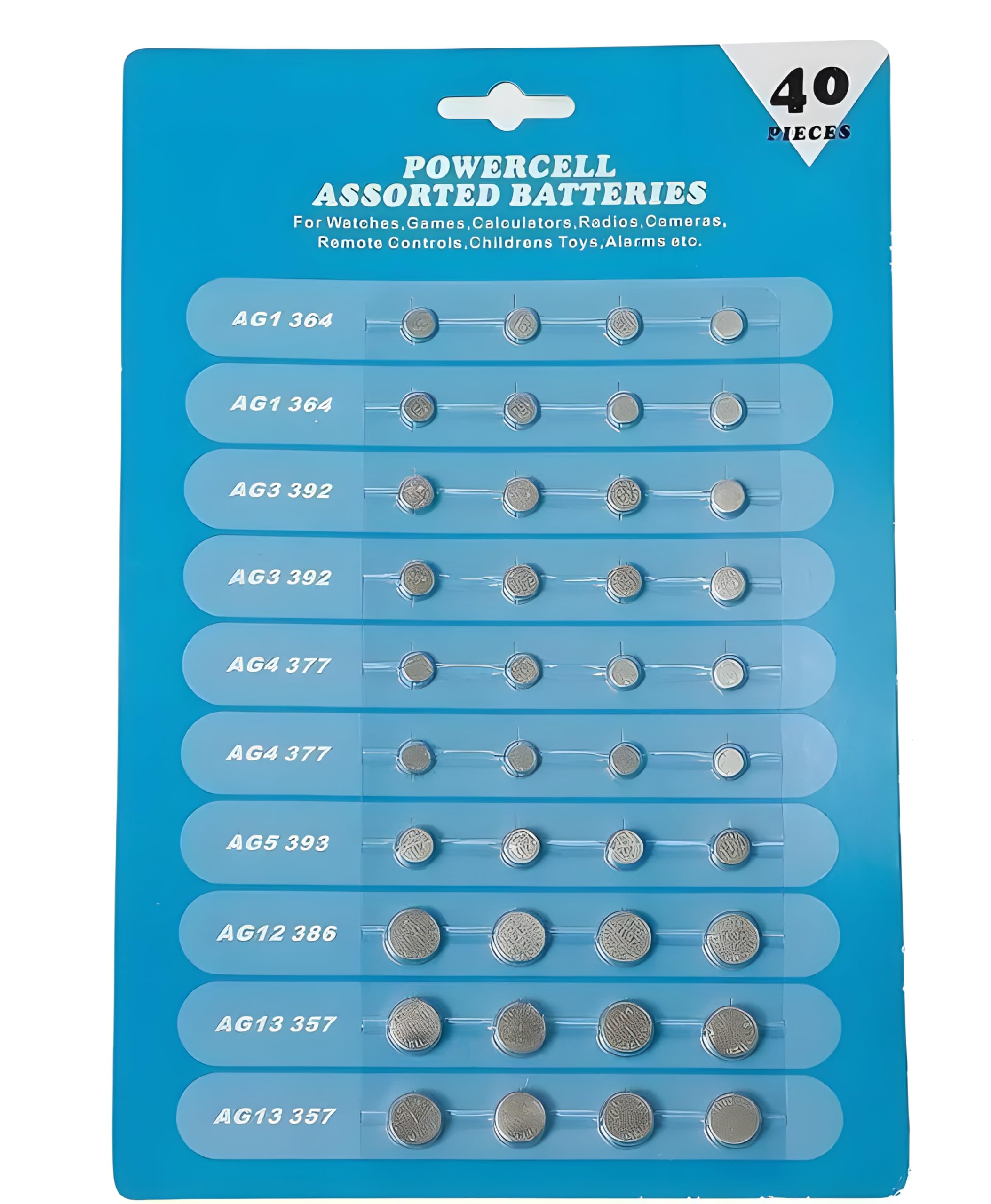 40-Piece Powercell Assorted Batteries - LR44, AG13, LR41, LR1130 for Watches, Games, Calculators, Radios & Cameras - Long-Lasting Power for Remote Controls, Children's Toys & Alarms - Perfect for Home, Office & Travel Use