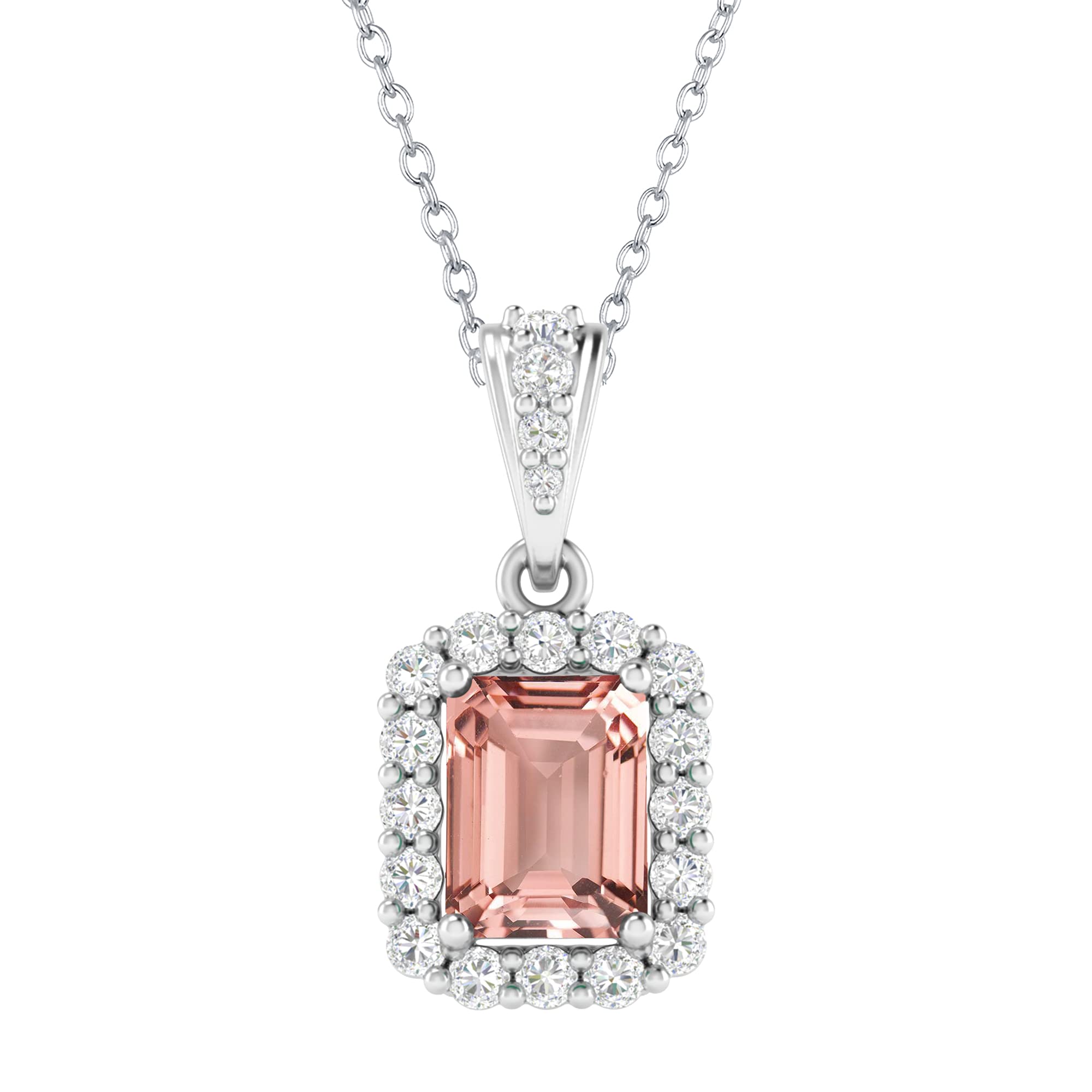 Morganite & White Topaz Halo Pendant Necklace - Sterling Silver with 18