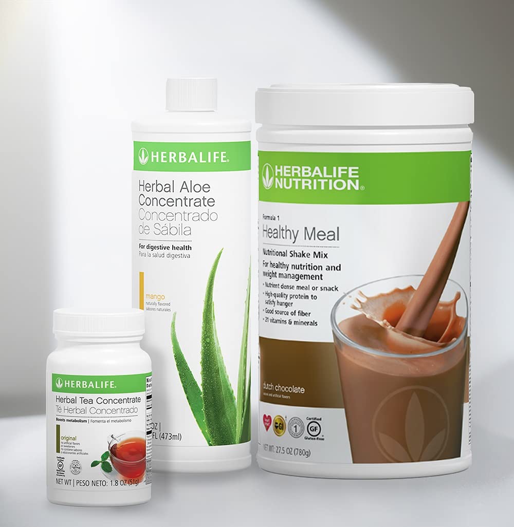 Herbalife Trio Combo: Formula 1 Dutch Chocolate Nutritional Shake Mix (780g), Herbal Aloe Concentrate (Pint, Flavor Options), Herbal Tea Concentrate (51g, Flavor Options) | Weight Management & Energy Boost for Healthy Lifestyle | Perfect for Meal Replacement, Detox & Wellness Routine