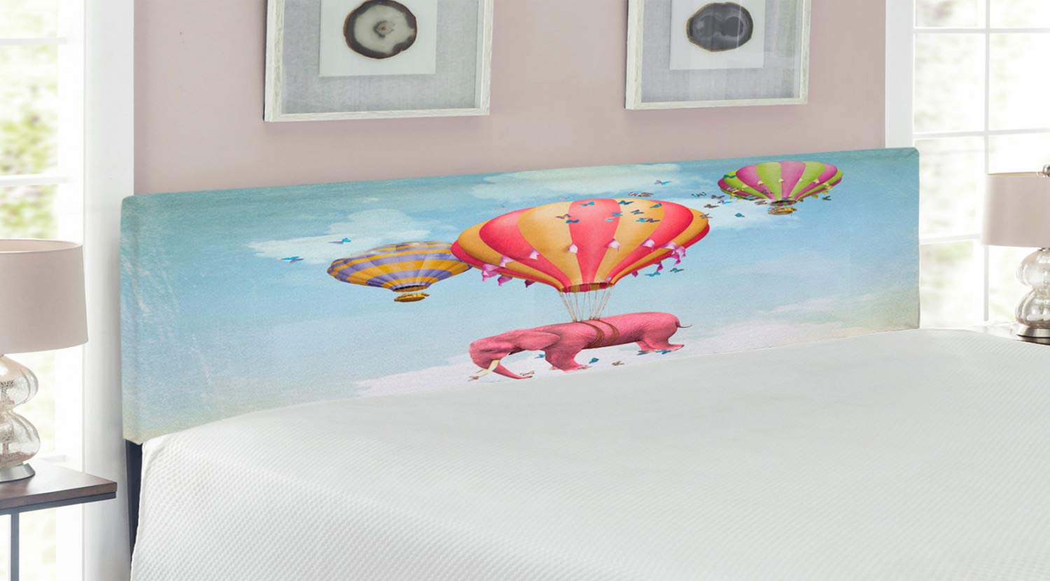 Ambesonne King Size Upholstered Headboard with Memory Foam - Pink Sky Balloon Animal Illustration for Bedroom Decor | Travel & Daydream Theme | Decorative Metal Bed Frame Headboard - Perfect for Master Bedrooms, Guest Rooms & Kids' Rooms