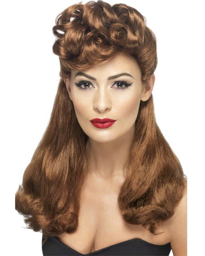 40s Vintage Long Auburn Wig for Women - Soft Heat Resistant Synthetic Hair - Perfect for Cosplay, Halloween, and Costume Parties