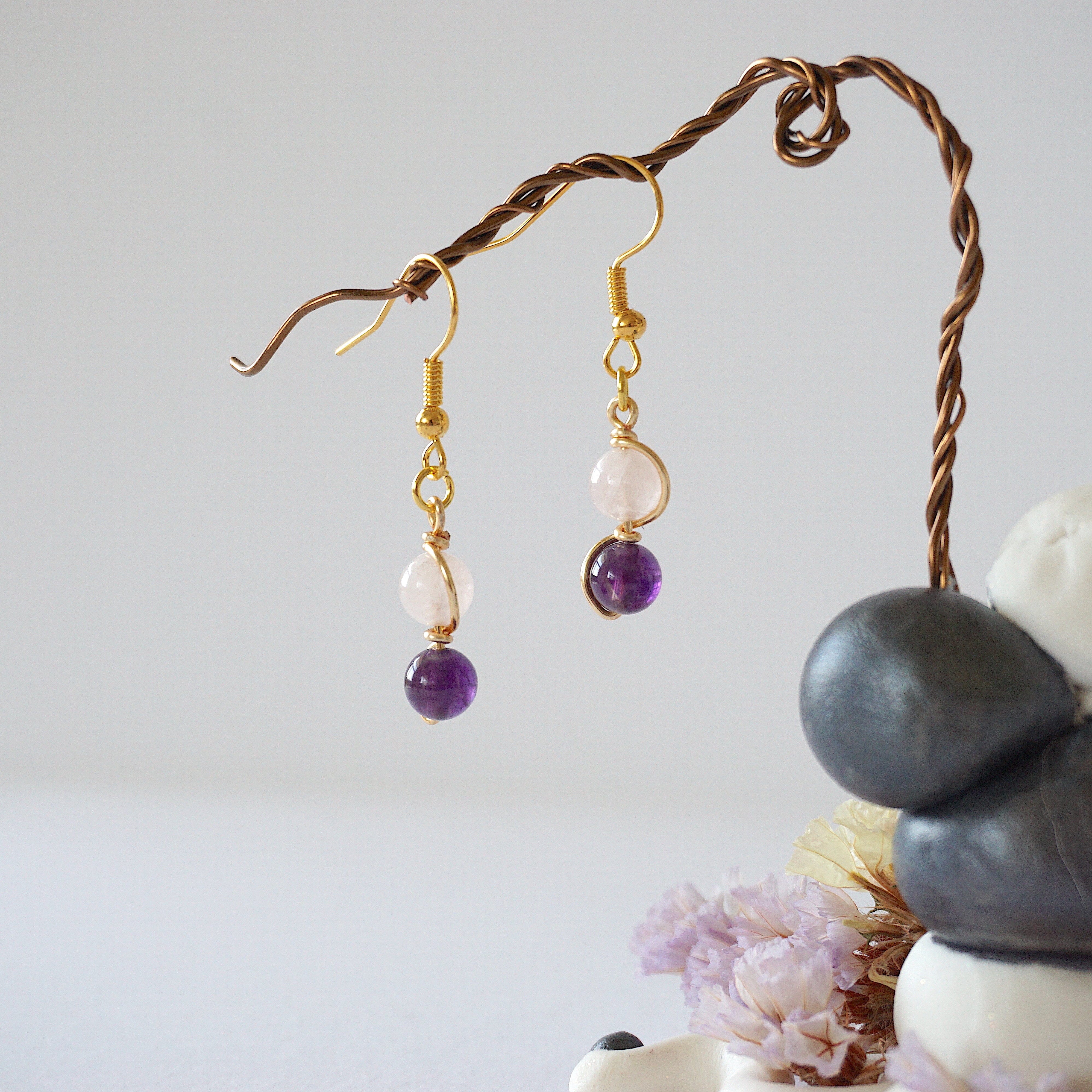 Rose Quartz & Amethyst Drop Earrings - Gold Plated Double Bead Dangle Jewelry for Women | Perfect for Weddings, Parties & Everyday Elegance
