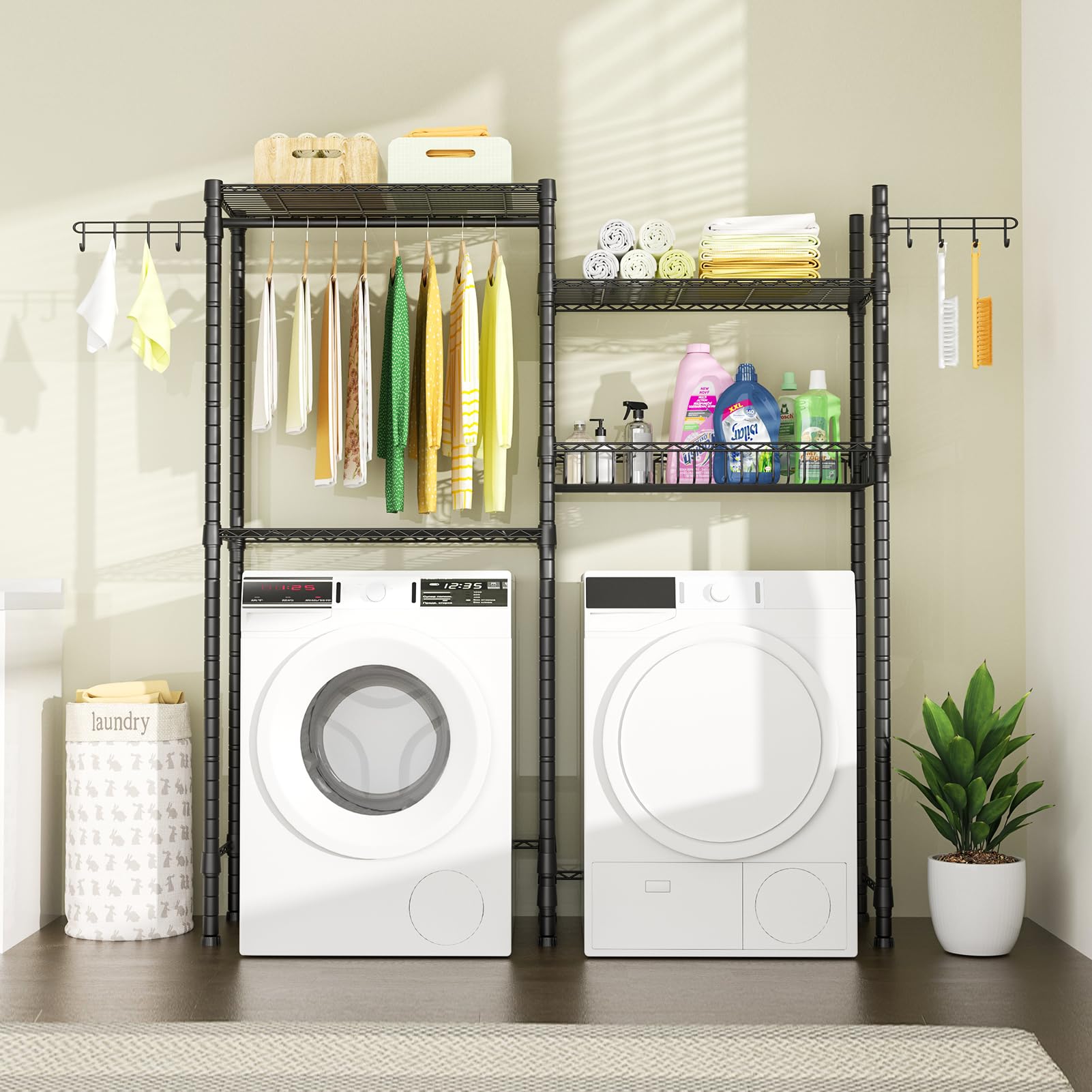 Space Saving Over Washer Dryer Clothes Drying Rack with Adjustable Shelves, Wire Basket & Rotatable Hooks - 63.4