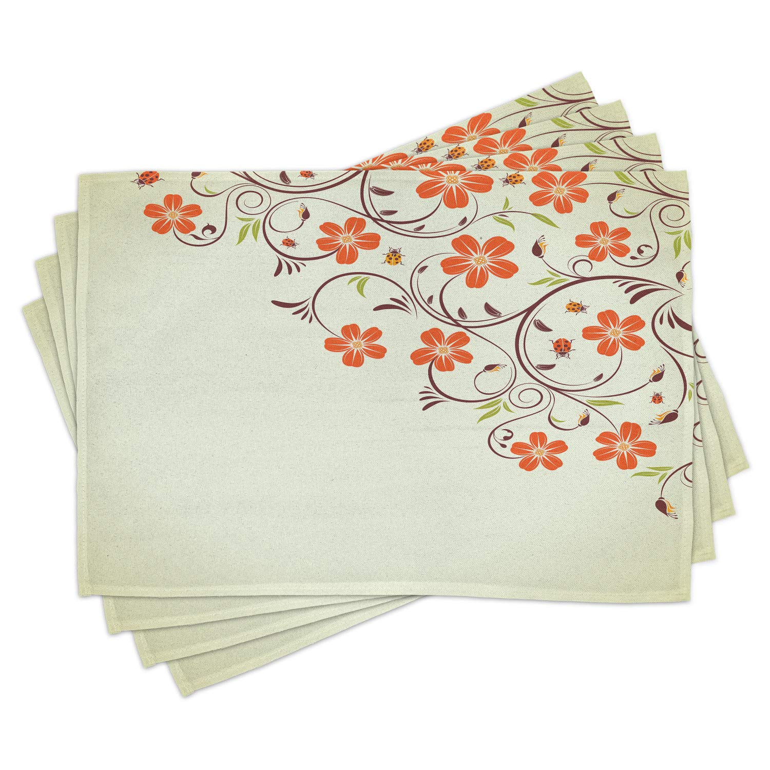 Ambesonne Ladybugs Place Mats Set of 4 - Floral Frame with Tiny Ladybugs & Swirl Branches Spring Design, Washable Fabric Table Mats for Dining Room & Kitchen Decor in Pale Green & Red - Perfect for Spring Parties, Easter Decorations & Everyday Dining