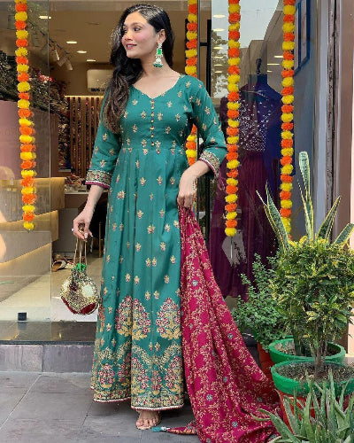 Plus Size Turquoise Anarkali Gown with Dupatta Set - Elegant Indian Party Wear for Women - Perfect for Weddings, Festivals & Special Occasions