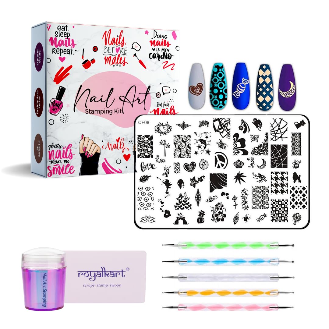 RoyalKart Nail Art Kit - 10PCS Nail Stamping Plates with Silicone Stamper, Dotting Tools & Scraper for DIY Nail Designs (CF08) | Perfect for Home Manicures, Salon Use & Gift Giving