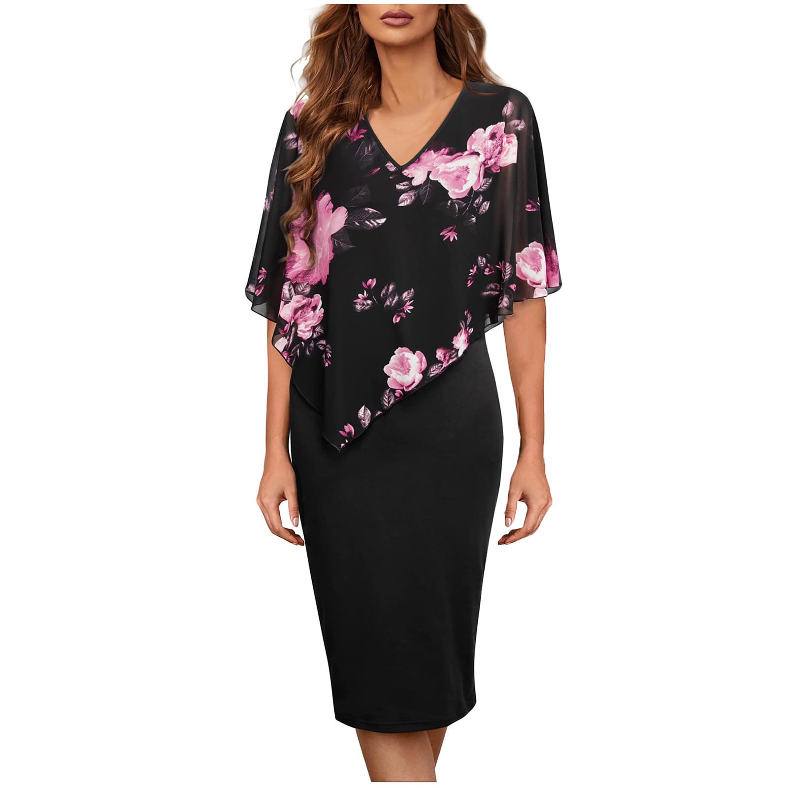Women's Sleeveless Chiffon Cape Dress - Bodycon Pencil Cocktail Dress with V-Neck Floral Print for Business Party & Evening Occasions | Elegant Midi Dress for Weddings, Date Nights & Office Wear