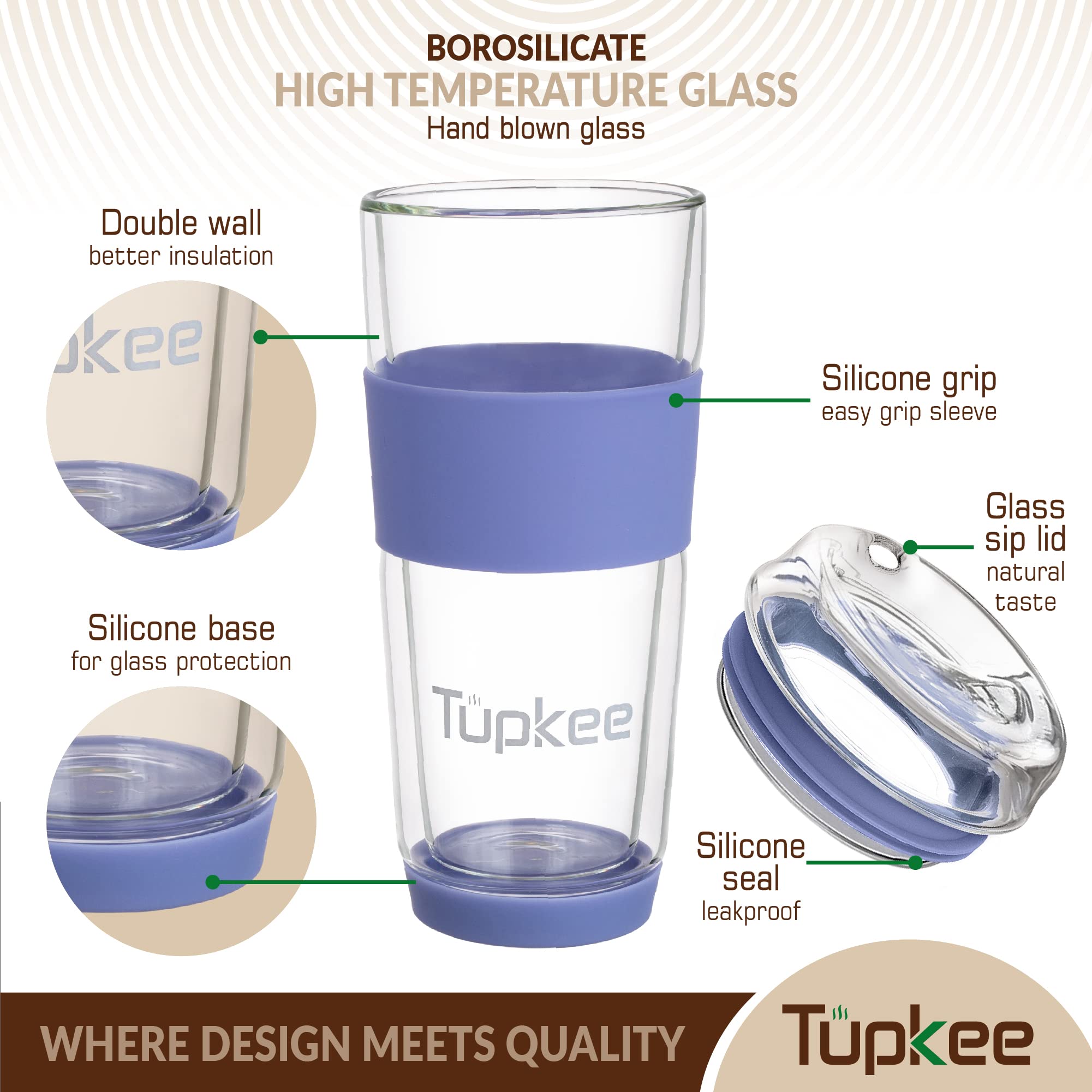**Tupkee 14-Oz Double Wall Insulated Glass Tumbler - Reusable Coffee & Tea Travel Mug with Lid, Hand-Blown Glass, Jacaranda Color - 2 Pack - Perfect for Hot/Cold Drinks On-The-Go**