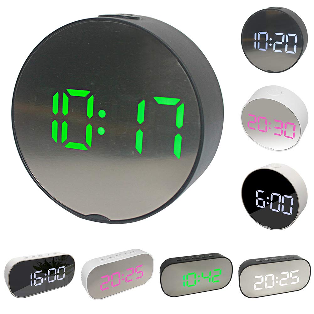 Newrys Digital Alarm Clock with Snooze & Projection - Portable Round Oval Desk Bedside Clock with Night Light & Makeup Mirror (Black + Green Light) - Perfect for Bedrooms, Travel, and Home Decor
