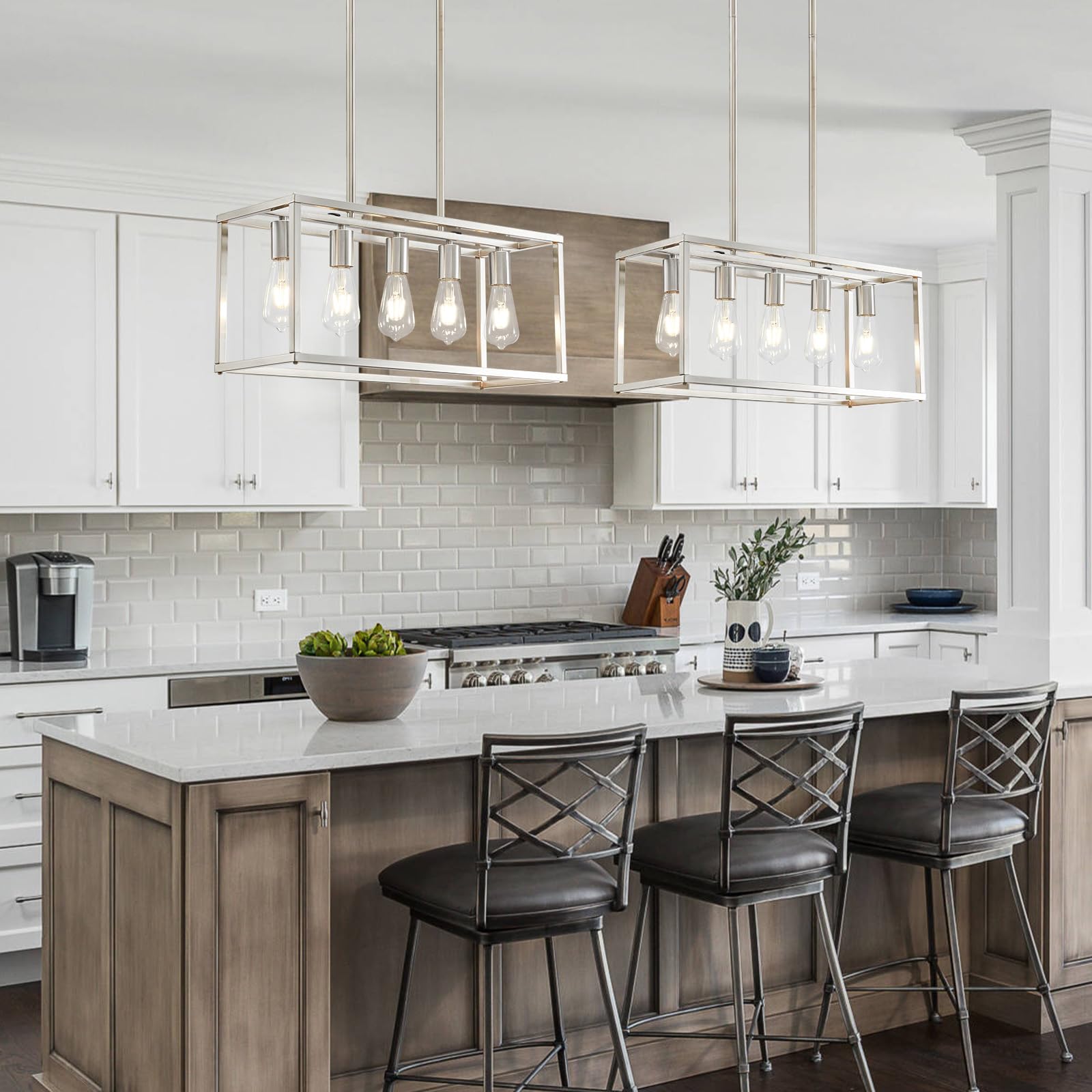 5-Light Modern Linear Pendant Lighting for Kitchen Island & Dining Room - Adjustable Height Brushed Nickel Chandelier with E26 Base - Perfect for Contemporary Home Decor & Restaurant Lighting