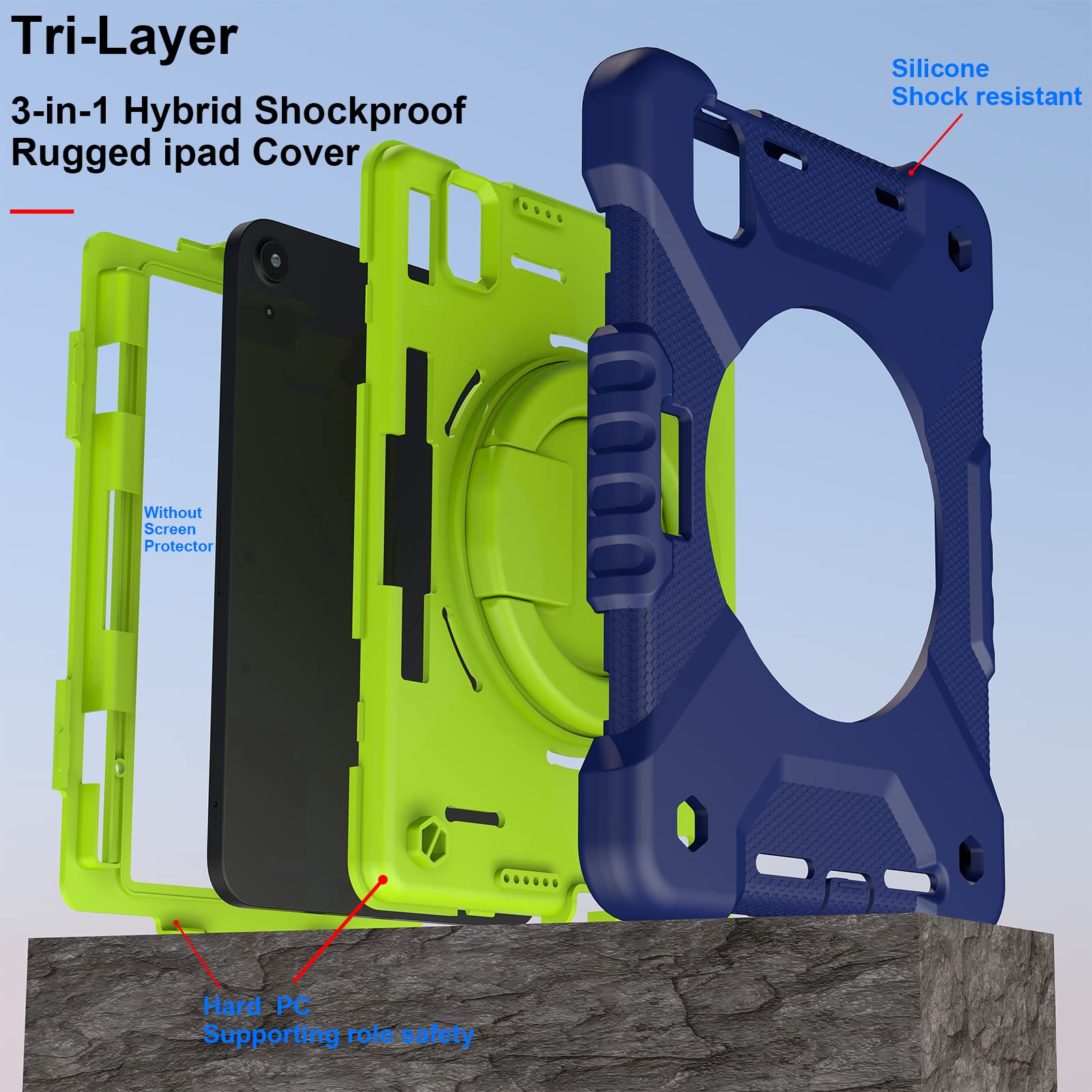2024 iPad Mini 7 & 2021 iPad Mini 6 Case with Built-in Pencil Holder, 360° Rotating Handle Stand - Shockproof Protective Cover for 8.3 Inch iPad Mini 7th/6th Generation (Navy+Green) - Perfect for Work, Travel & Drawing