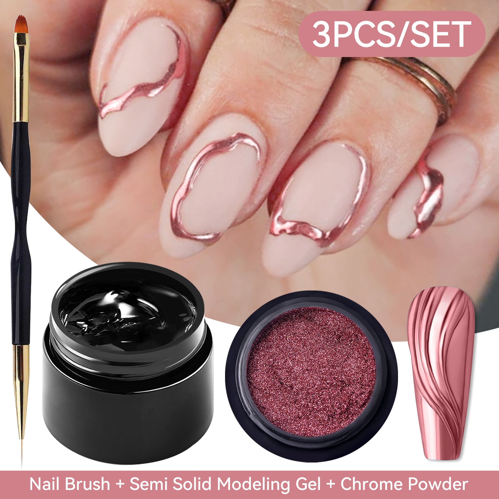 3pcs Nail Art Kit - Semi Solid Molding Gel, Chrome Powder & Nail Brush Set for Professional Salon & Home Manicure | Perfect for Nail Extensions, French Tips & Glamorous Nail Designs