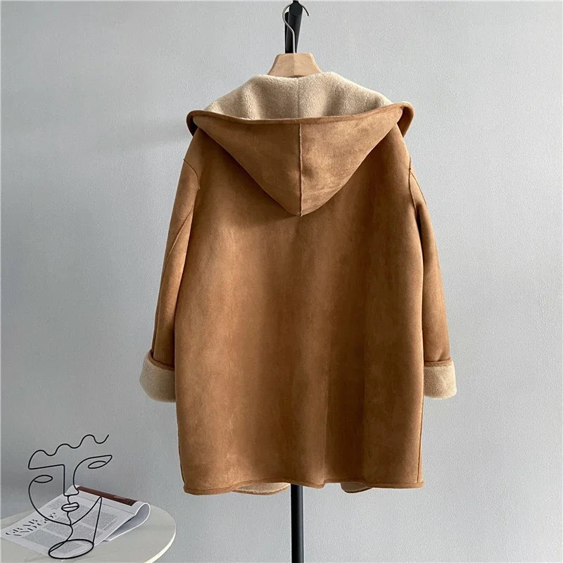 Women's Fashion Sheep Shearling Fur Jacket - Warm Mid-Length Casual Wool Coat with Hood | Korean Style Winter Outerwear for Women | Perfect for Daily Wear, Office & Outdoor Activities