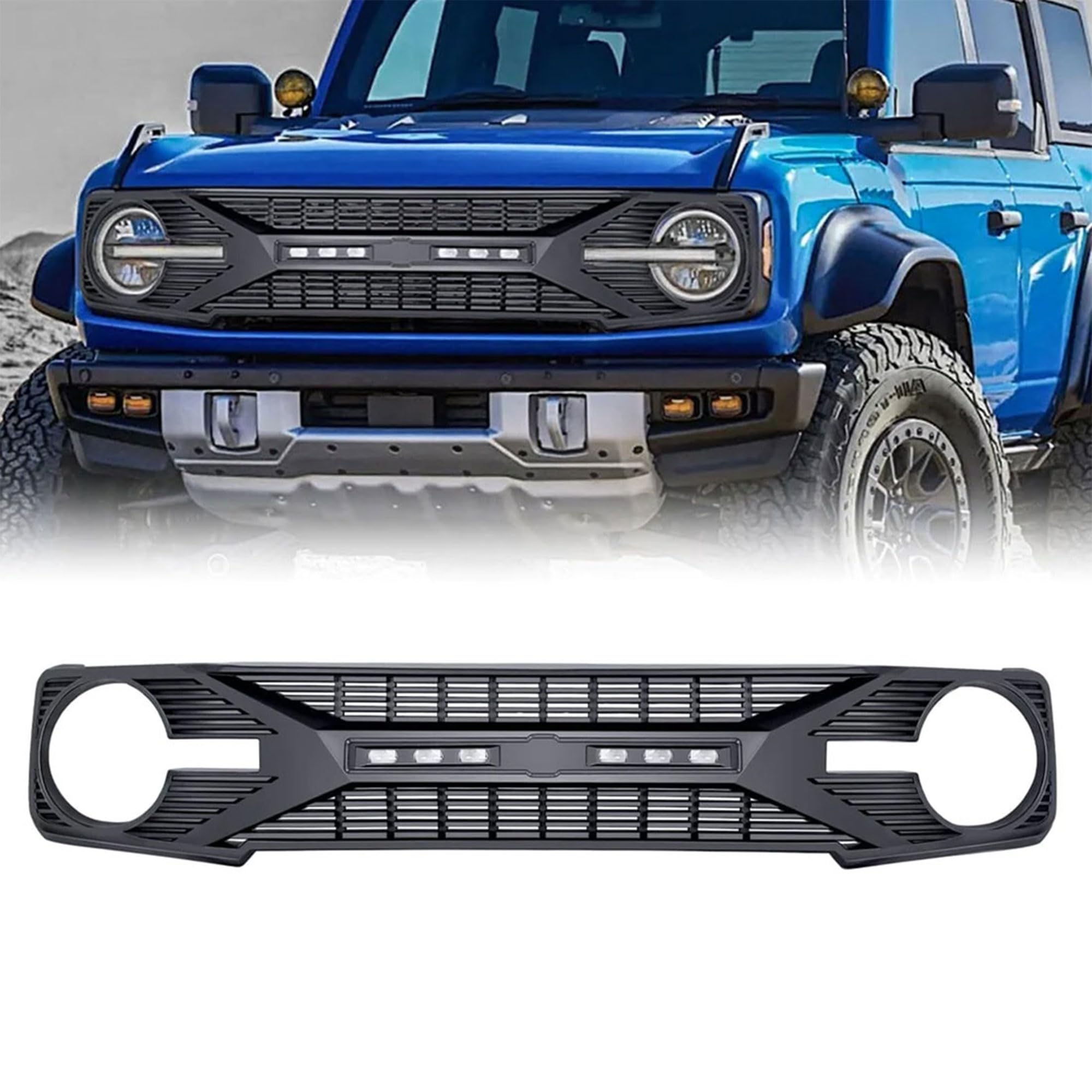 2021-2024 Ford Bronco 2 & 4 Door Matte Black Front Grille Replacement with Off-Road Lights & Camera Compatibility - Upgrade Your Bronco's Off-Road Style for Trail Adventures & Urban Driving