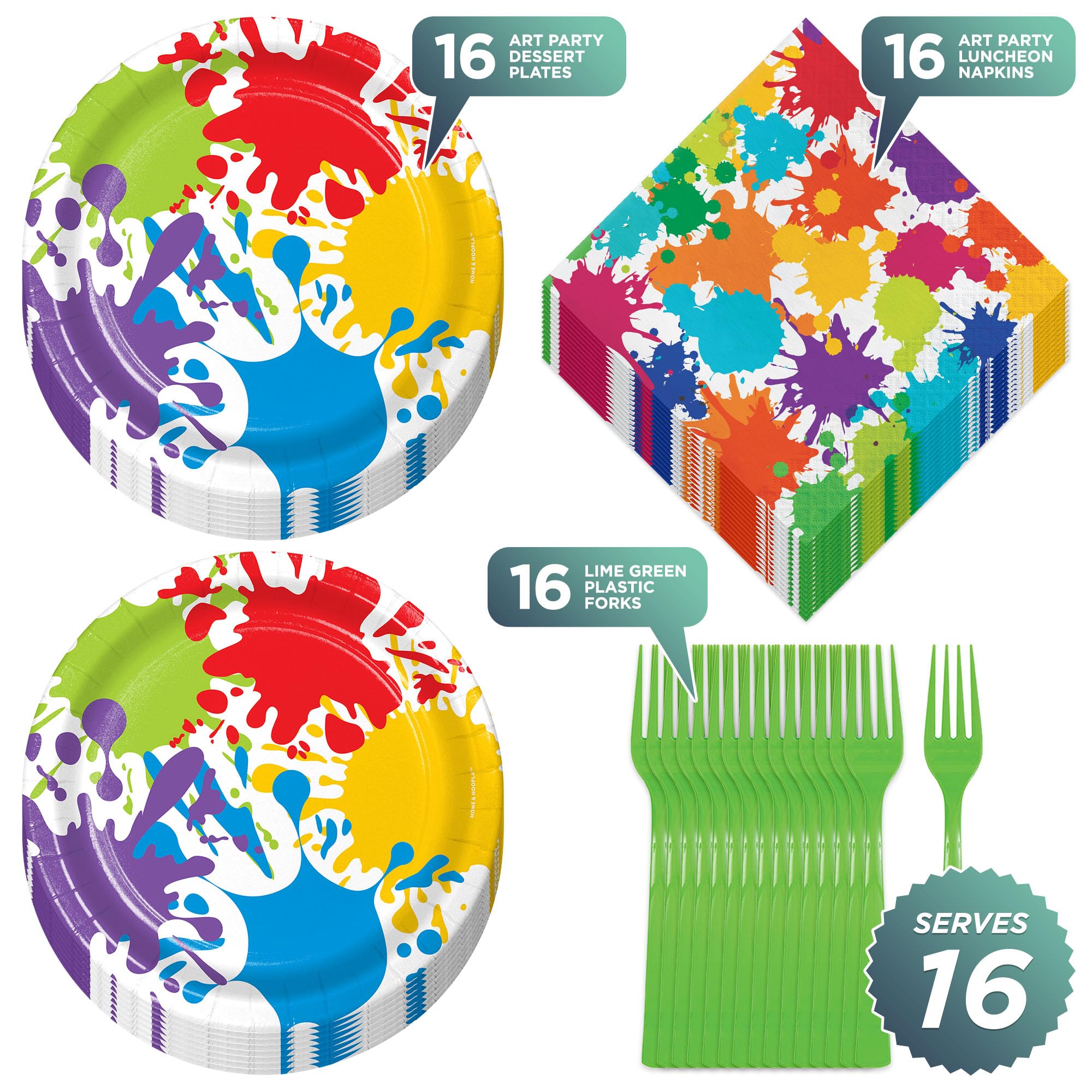 Colorful Artist Paint Splatter Party Supplies - 16 Dessert Plates, Lunch Napkins & Forks Set for Art Themed Birthday, Baby Shower & Creative Events