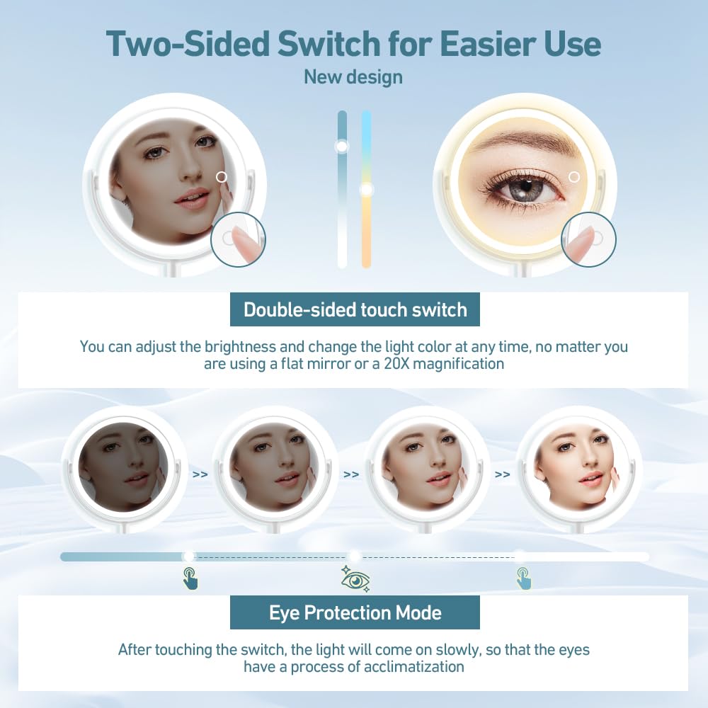 20X Magnifying Makeup Mirror with LED Lights - 3 Color Adjustable Light Modes, Double-Sided Switch, 8.6 Inch - Perfect for Professional Makeup Application, Skincare Routine & Precise Grooming at Home or Salon