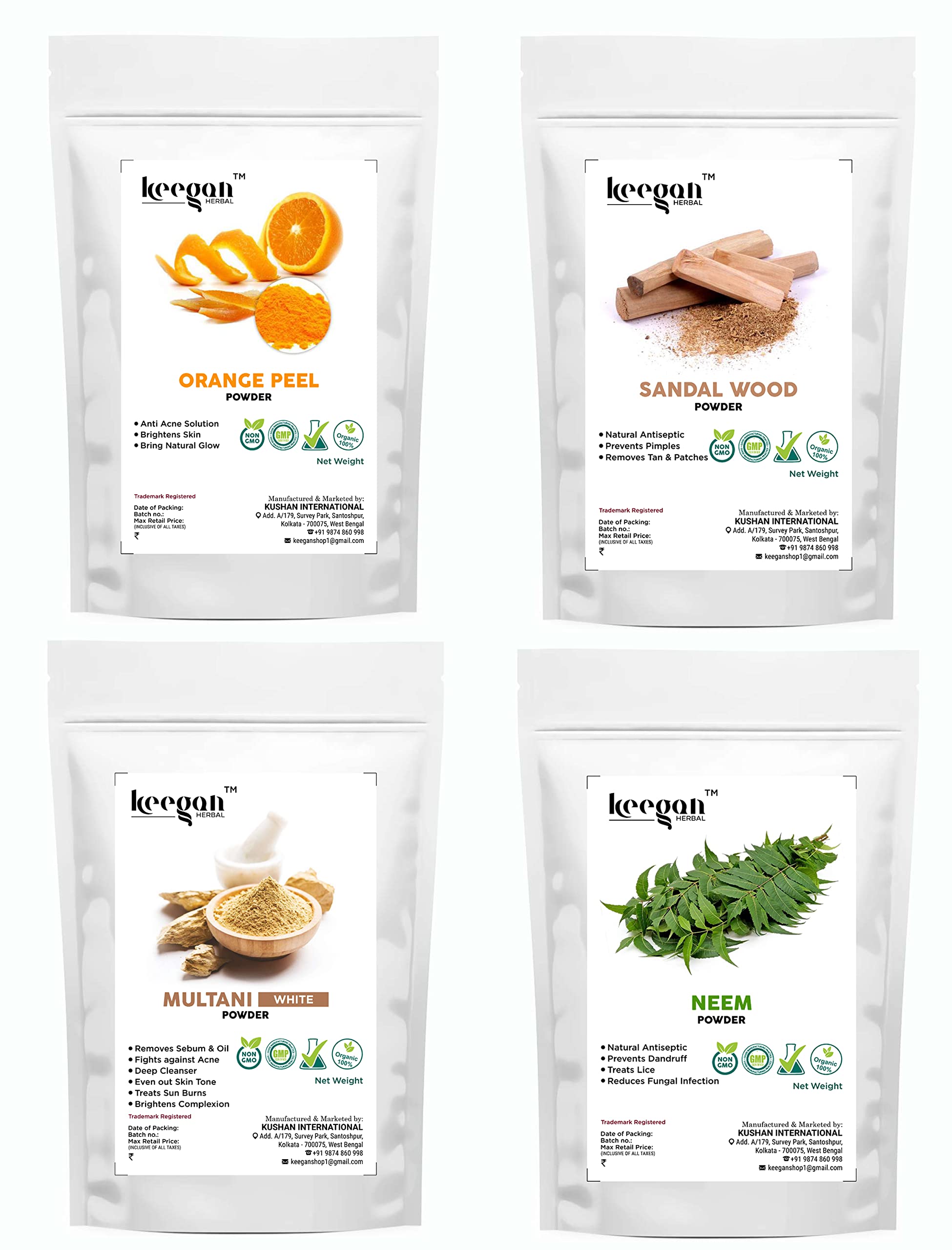 Keegan Orange Peel Powder, Multani Mitti Powder, Sandalwood Powder & Neem Powder Combo for Glowing Skin & Face Care (250g) - Natural Ayurvedic Skincare for Acne, Brightening & Oil Control