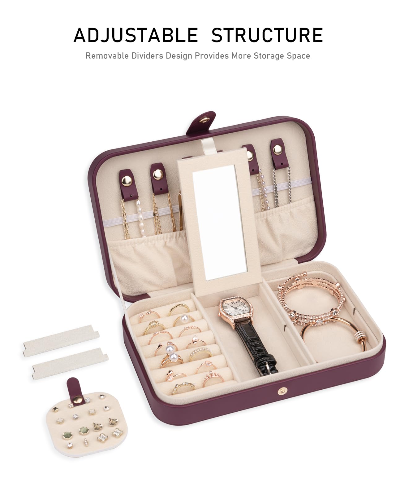 Portable Jewelry Organizer with Mirror - Travel Jewelry Box for Women, Burgundy Red - Perfect for Travel & Storage