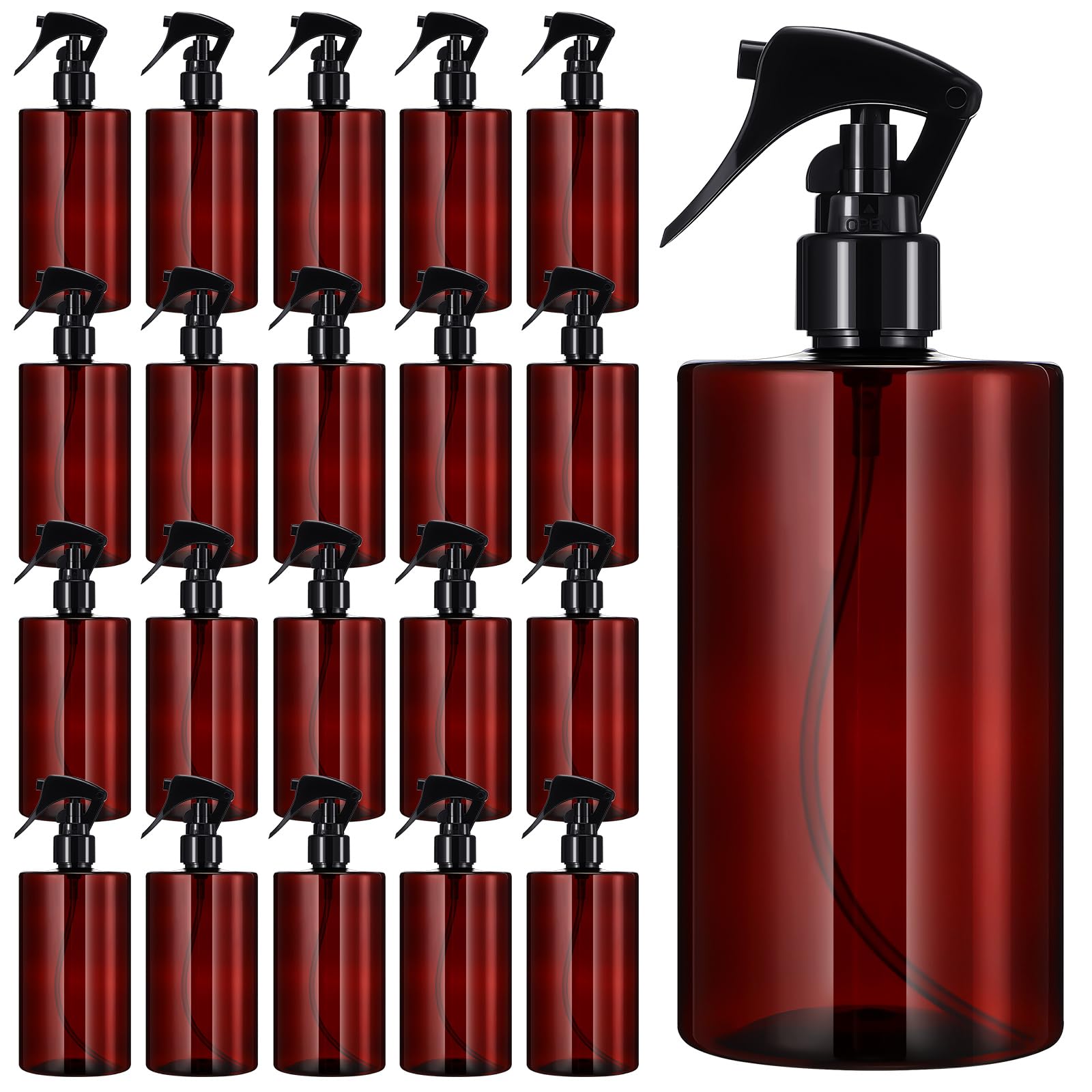 20 Pack 16 oz Amber Glass Spray Bottles - Refillable Plastic Bottles with Trigger Sprayers for Essential Oils, Hair Care, Cleaning Products & Water - Perfect for DIY, Home, Salon & Garden Use
