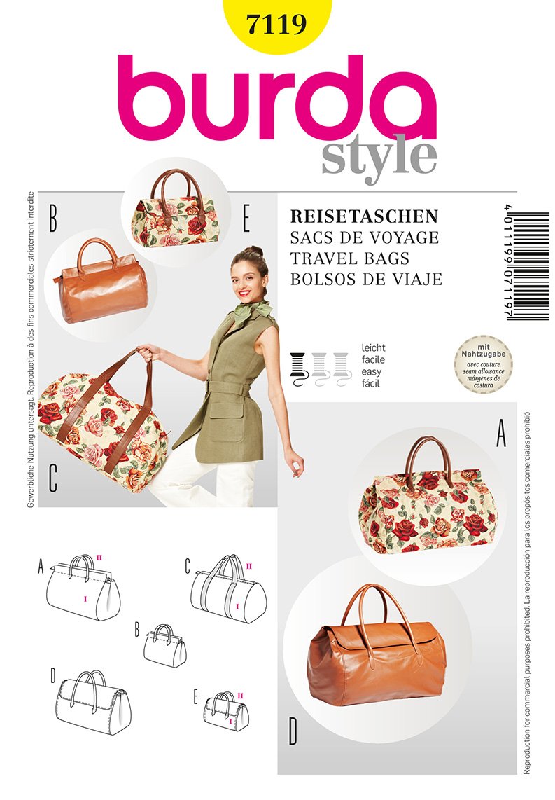 BURDA 7119 Travel Bags Sewing Pattern - 3 Styles (Small & Large) for DIY Luggage, Weekender & Carry-On Bags | Perfect for Vacation, Business Trips & Handmade Gifts