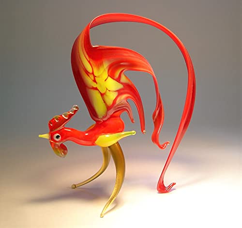 Handmade Red Glass Rooster Figurine with Elegant Arched Tail - Unique Home Decor for Kitchen, Dining Table, or Farmhouse Style Interior