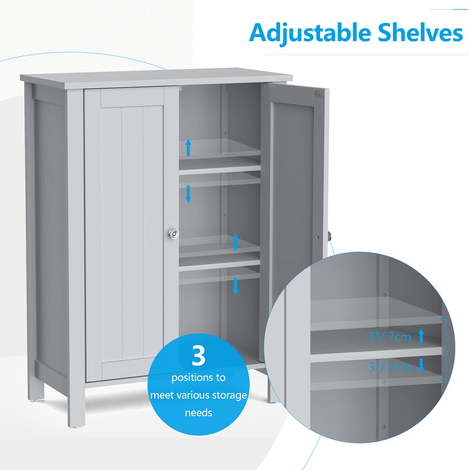 GOFLAME 3-Tier Adjustable Bathroom Storage Cabinet with Double Doors - Freestanding Wooden Organizer for Bathroom, Living Room & Kitchen - Grey | Space-Saving Home Storage Solution for Towels, Toiletries & Cleaning Supplies