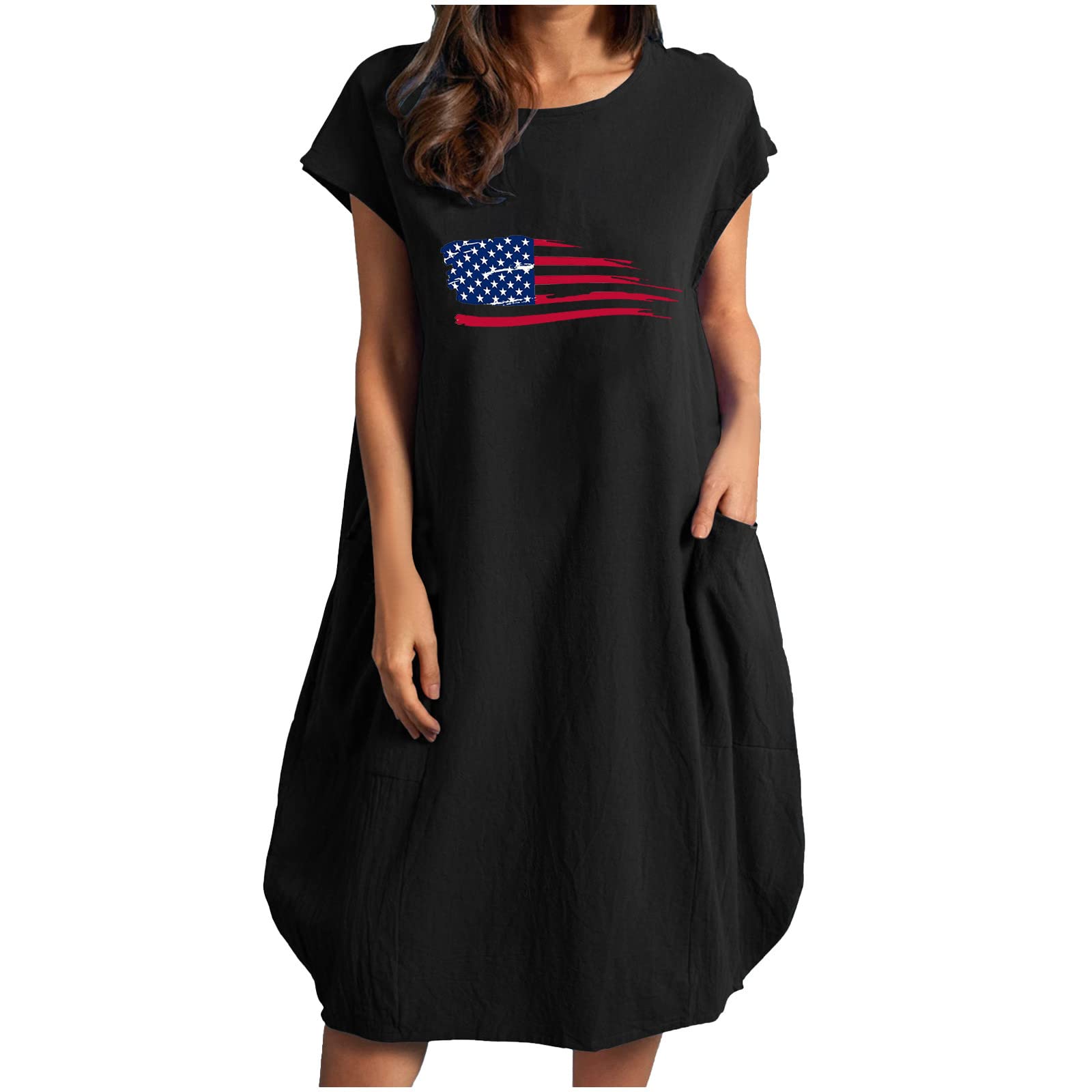 VEKDONE Women's Summer Linen Dress - Casual Crewneck Short Sleeve Comfortable Solid Color Plus Size Loose Fit Skirt | Perfect for Beach Vacation, Brunch Date & Everyday Wear