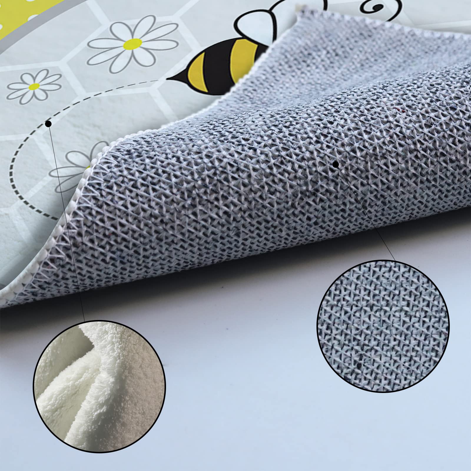 5'x8' Bee and Daisy Area Runner Rug - Washable Indoor/Outdoor Carpet for Kitchen, Living Room, Bathroom, Bedroom, Classroom & Laundry Room - Yellow Polka Dot Grey Honeycomb Welcome Mat for Entryway, Office Desk & Front Door Decor