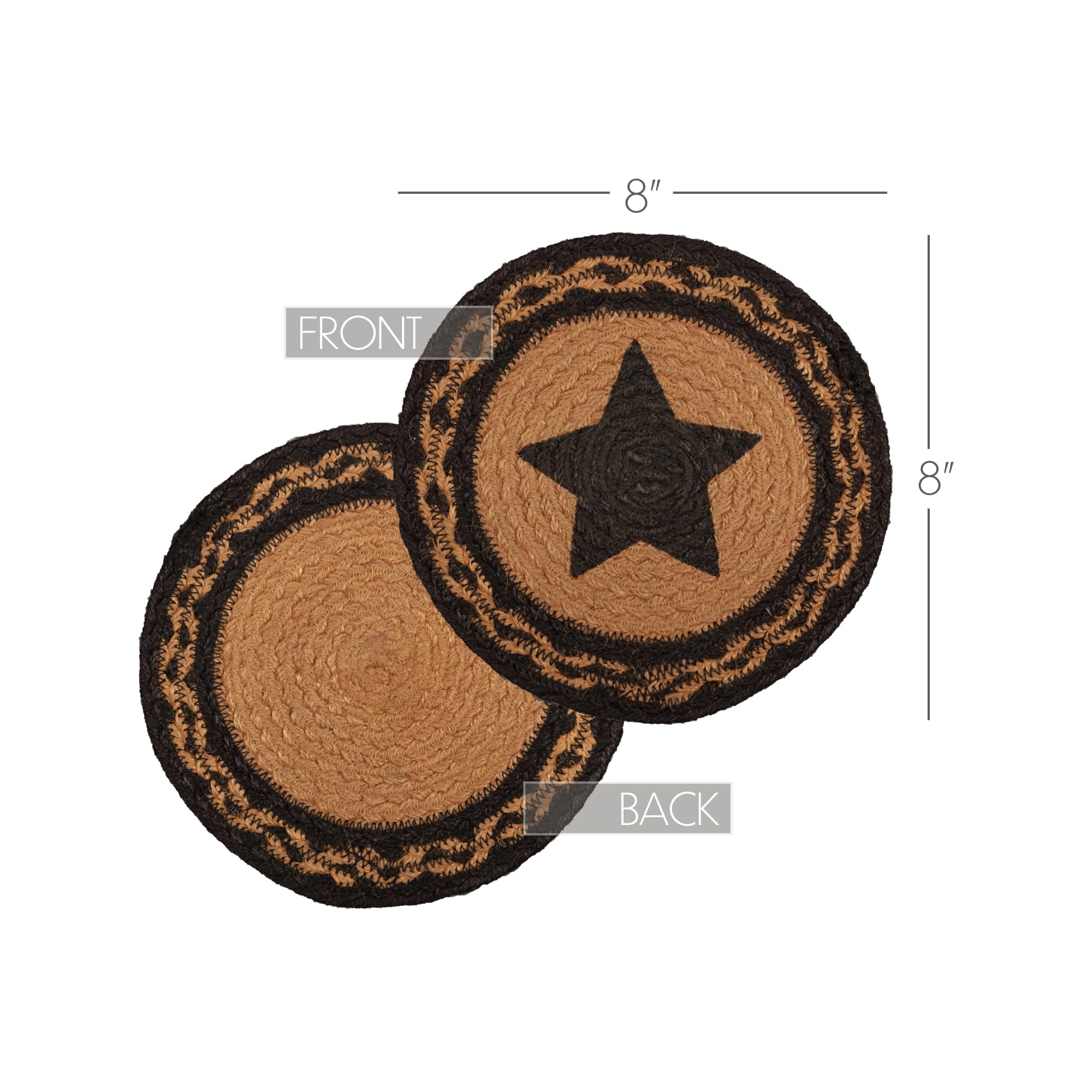 VHC Brands Farmhouse Primitive Star Black Stenciled Textured Round Kitchen Table Jute Trivet 8 Inch - Rustic Home Decor for Dining Table, Coffee Table, and Kitchen Countertop Protection