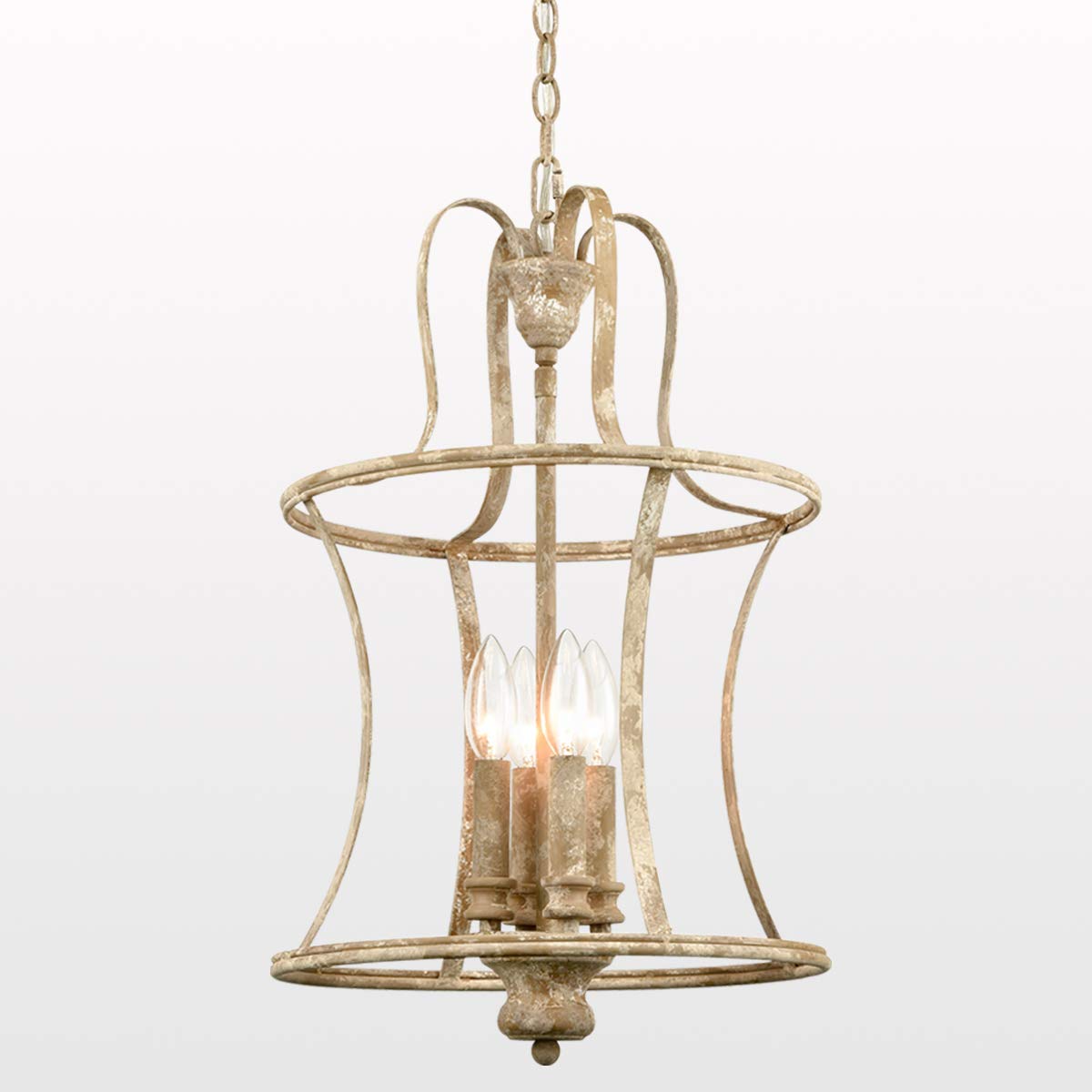 French Country Lantern Chandelier - 4-Light Distressed White Pendant Light Fixture with Chain - Modern Farmhouse Lighting for Kitchen Island, Dining Room, Foyer & Bedroom - Rustic Elegant Ceiling Light for Home Decor