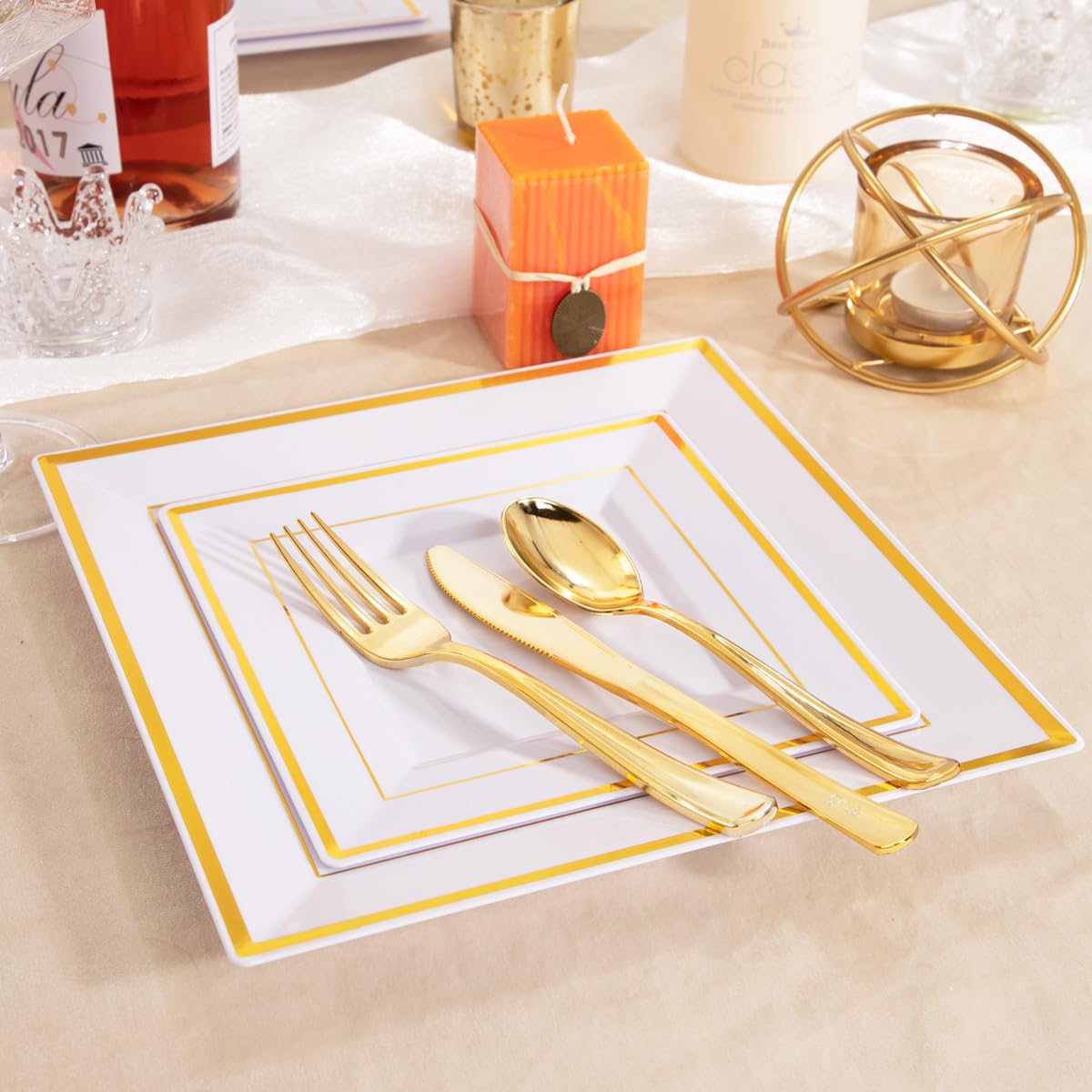 125-Piece Gold Plastic Dinnerware Set - 25 Gold Rimmed Dinner Plates, 25 Salad Plates, 25 Forks, 25 Knives & 25 Spoons - Elegant Disposable Tableware for Parties, Weddings & Events