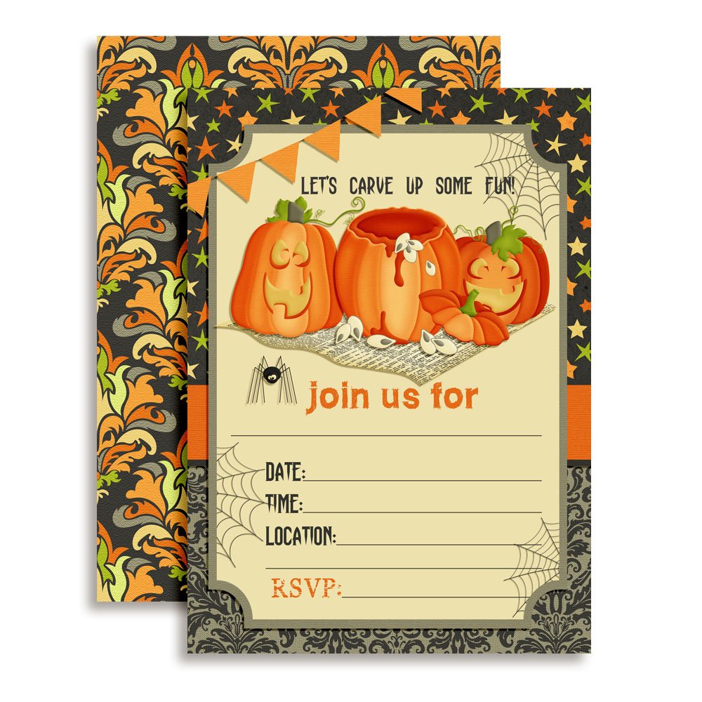 20 Pack Halloween Pumpkin Carving Party Invitations - 5x7 Fill-in Cards with Envelopes for Halloween, Birthday & Fall Celebrations | Perfect for DIY Party Decorations & Seasonal Greetings