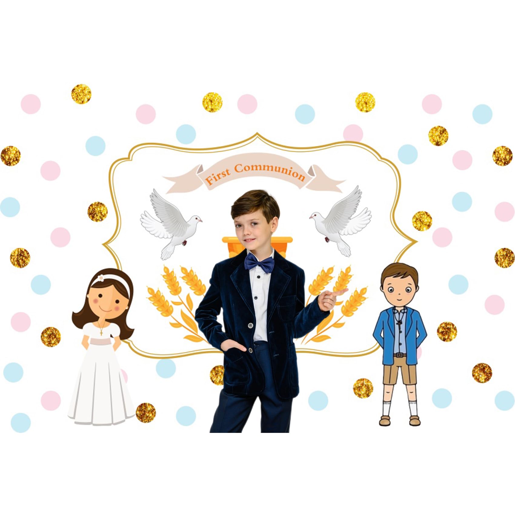 Baocicco 5x4ft First Communion Backdrop - Christian Photography Background with Holy Cross, Grail, Peace Dove & Wheat for Religious Events, Baptism, Boys & Girls - Perfect for Church Ceremonies, Sunday School & Family Photo Sessions