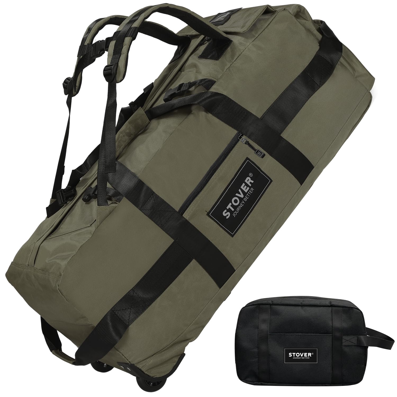 STOVER 100L Rolling Duffel Bag with Wheels - 32 Inch X-Large Durable Travel Luggage for Men & Women - Heavy Duty Water-Resistant Packable Duffel with Shoulder Straps & Free Toiletry Bag - Perfect for Air Travel, Gym, Camping & Outdoor Adventures (Green)