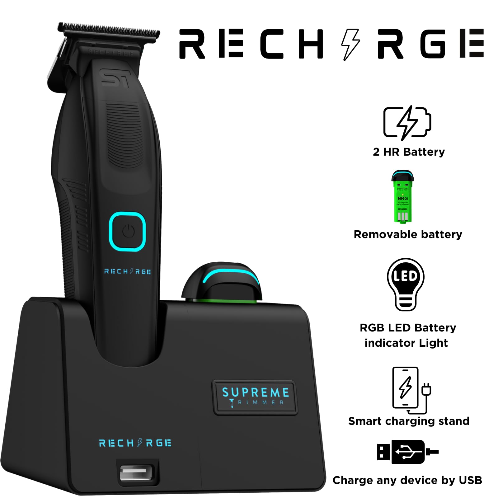 Supreme ST777 Professional Rechargeable Zero Gap Hair Trimmer for Barbers - 7500 RPM High Power, Removable Lithium Battery, Smart USB Charging Stand with Phone Charger (iPhone/Android Compatible) - Perfect for Salon, Home Haircuts & Beard Grooming - Matte Black